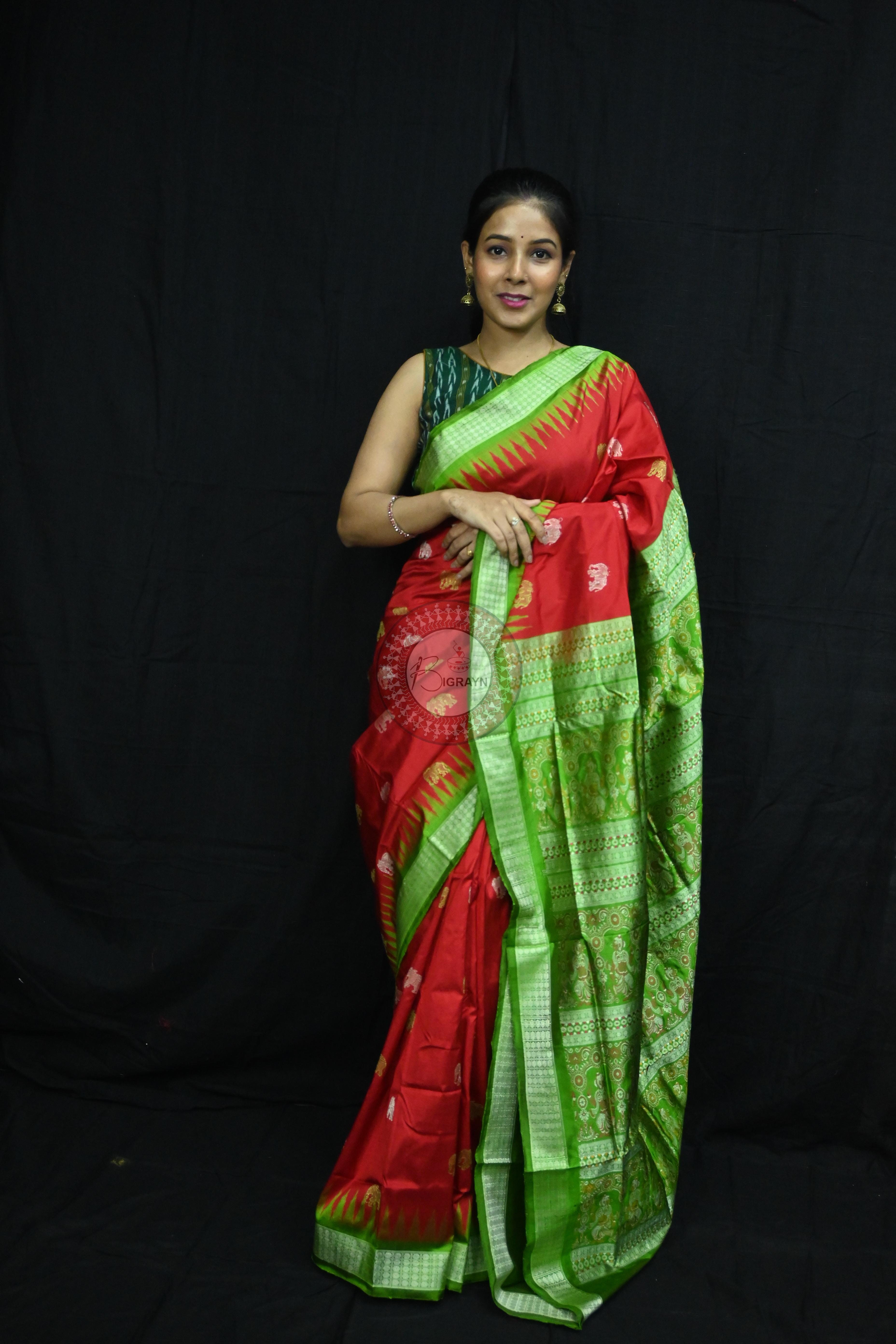 Red Green Elephant Bomkai Silk Saree
