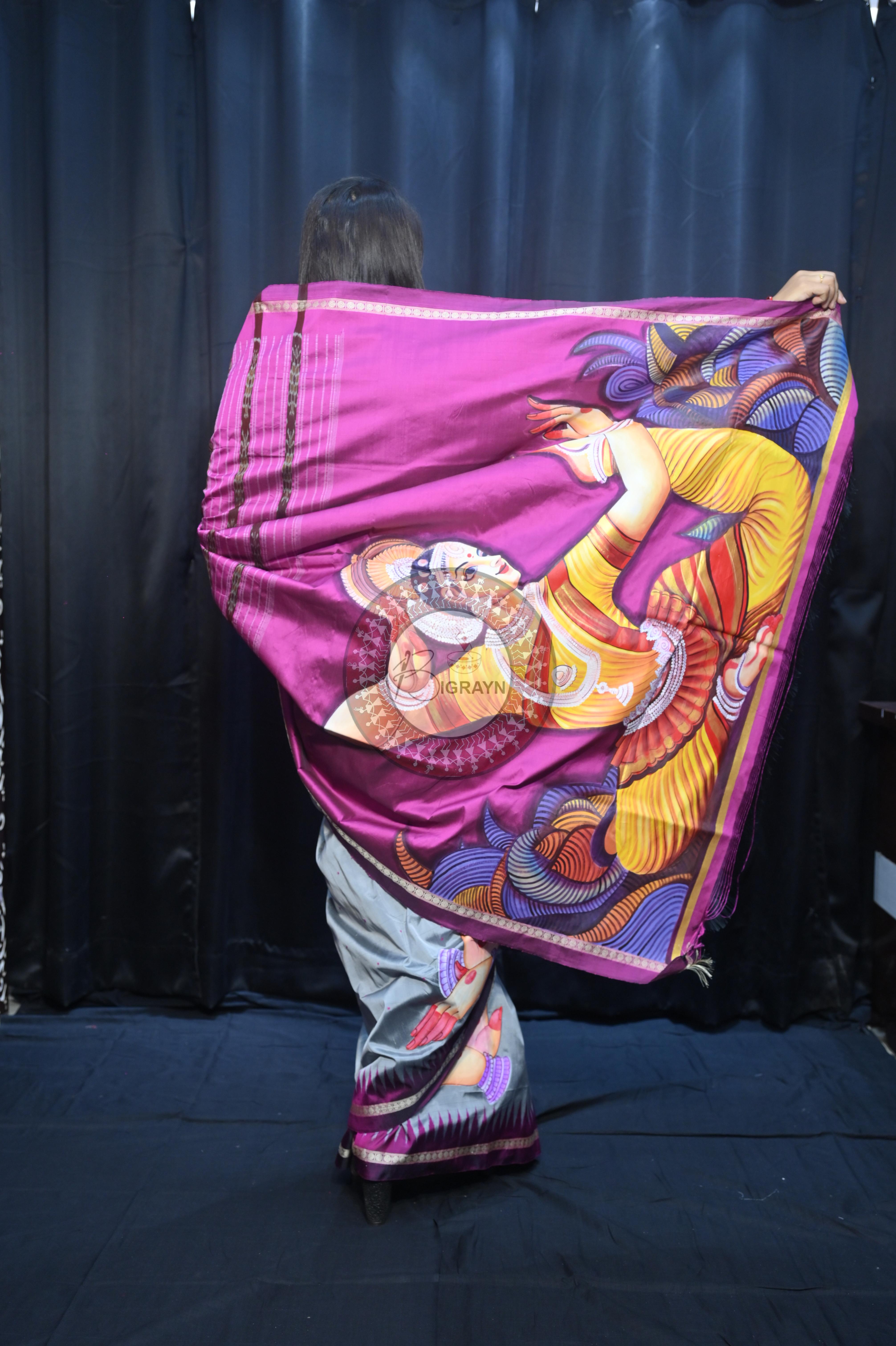 Grey Magenta Odishi Dancer Theme Pattachitra Sambalpuri Silk Saree