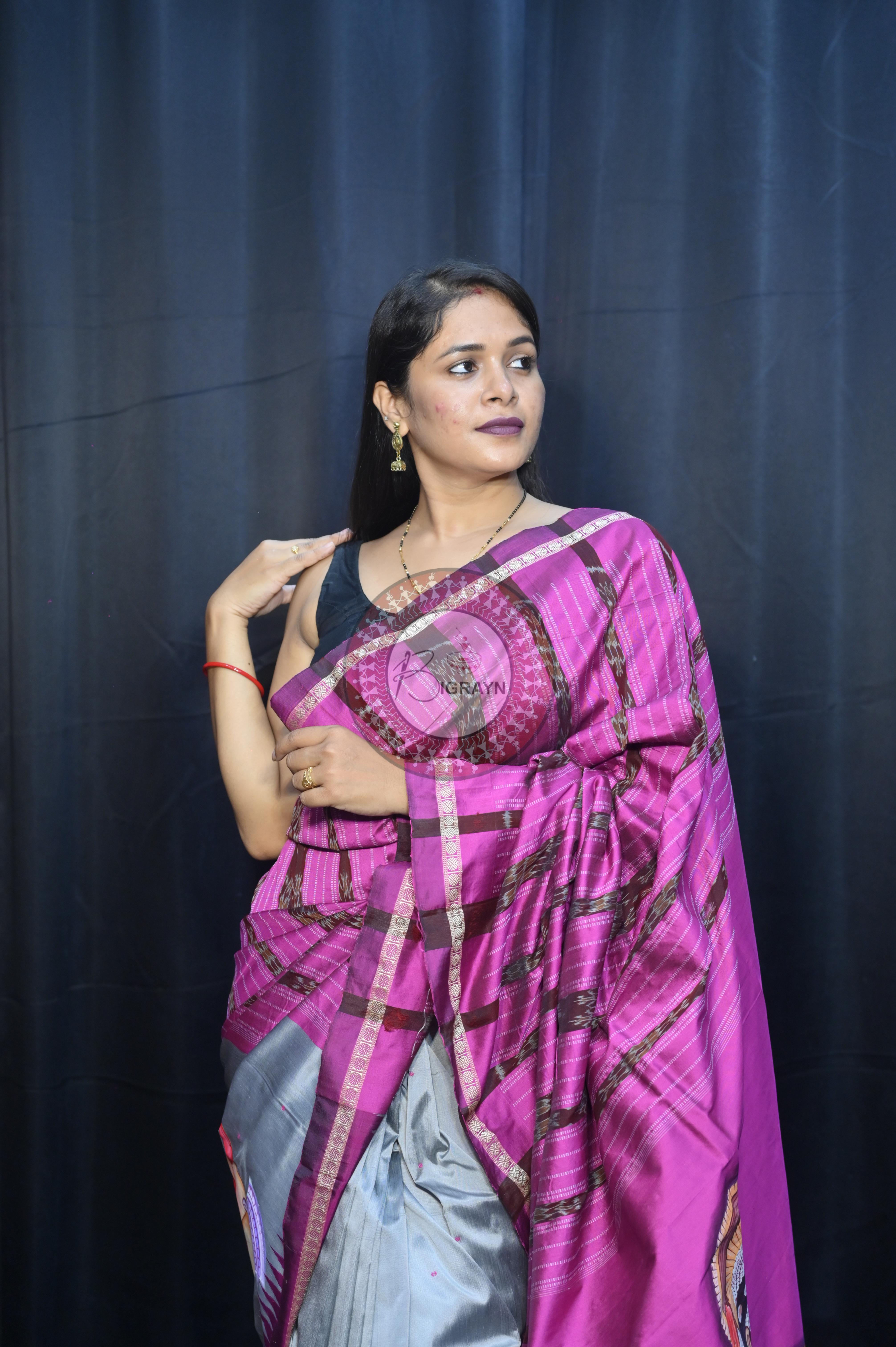 Grey Magenta Odishi Dancer Theme Pattachitra Sambalpuri Silk Saree
