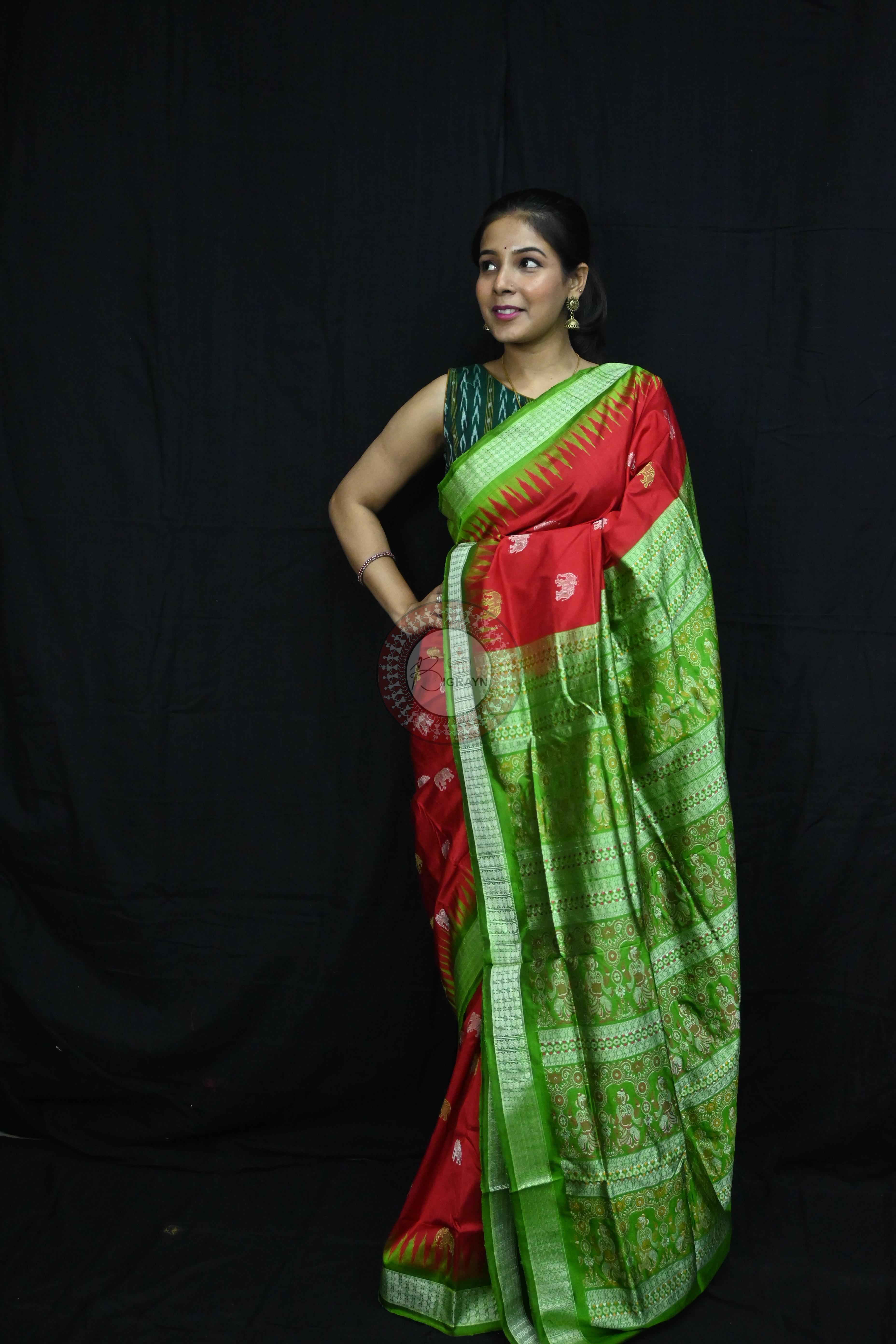 Red Green Elephant Bomkai Silk Saree