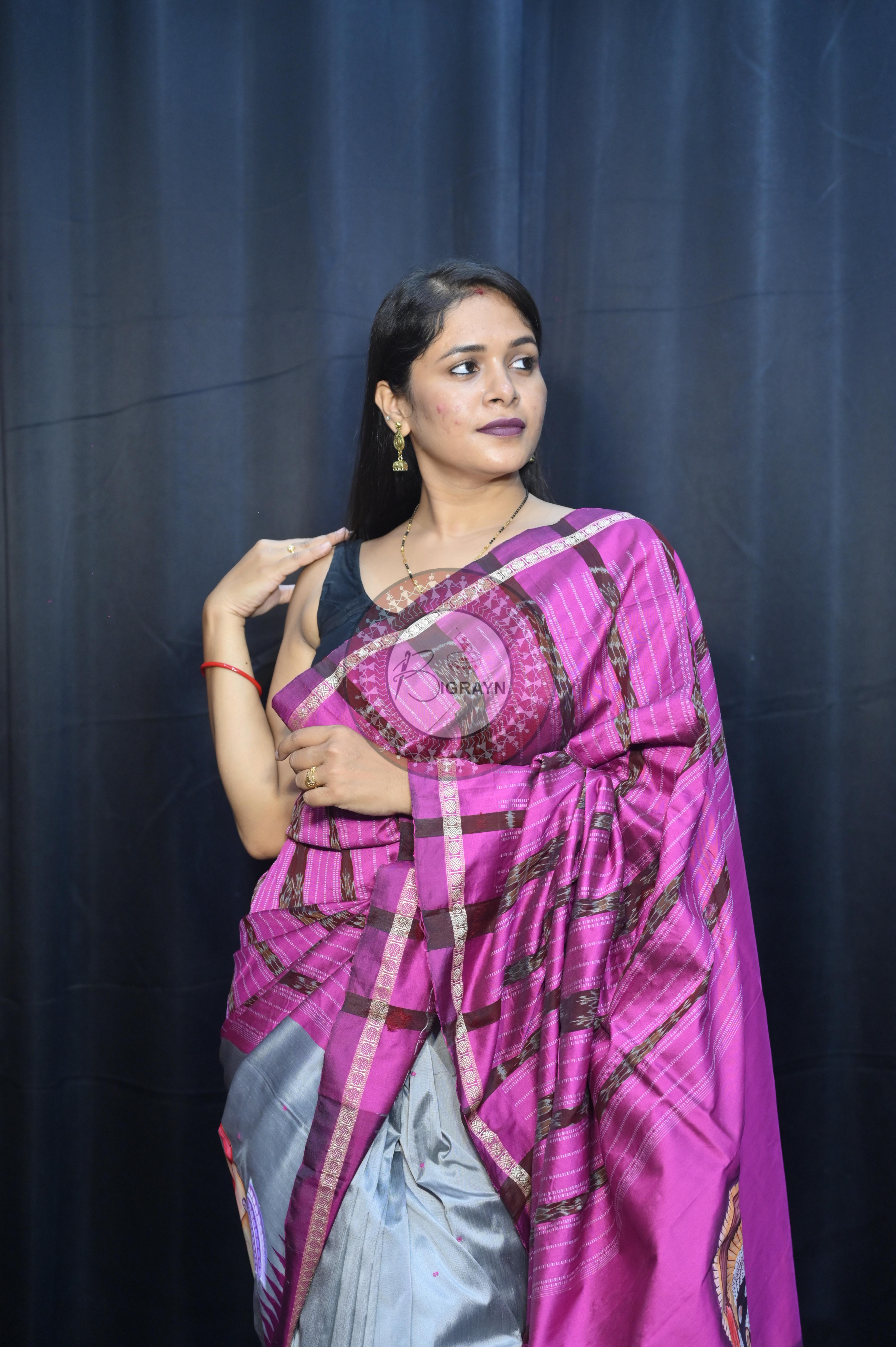 Grey Magenta Odishi Dancer Theme Pattachitra Sambalpuri Silk Saree