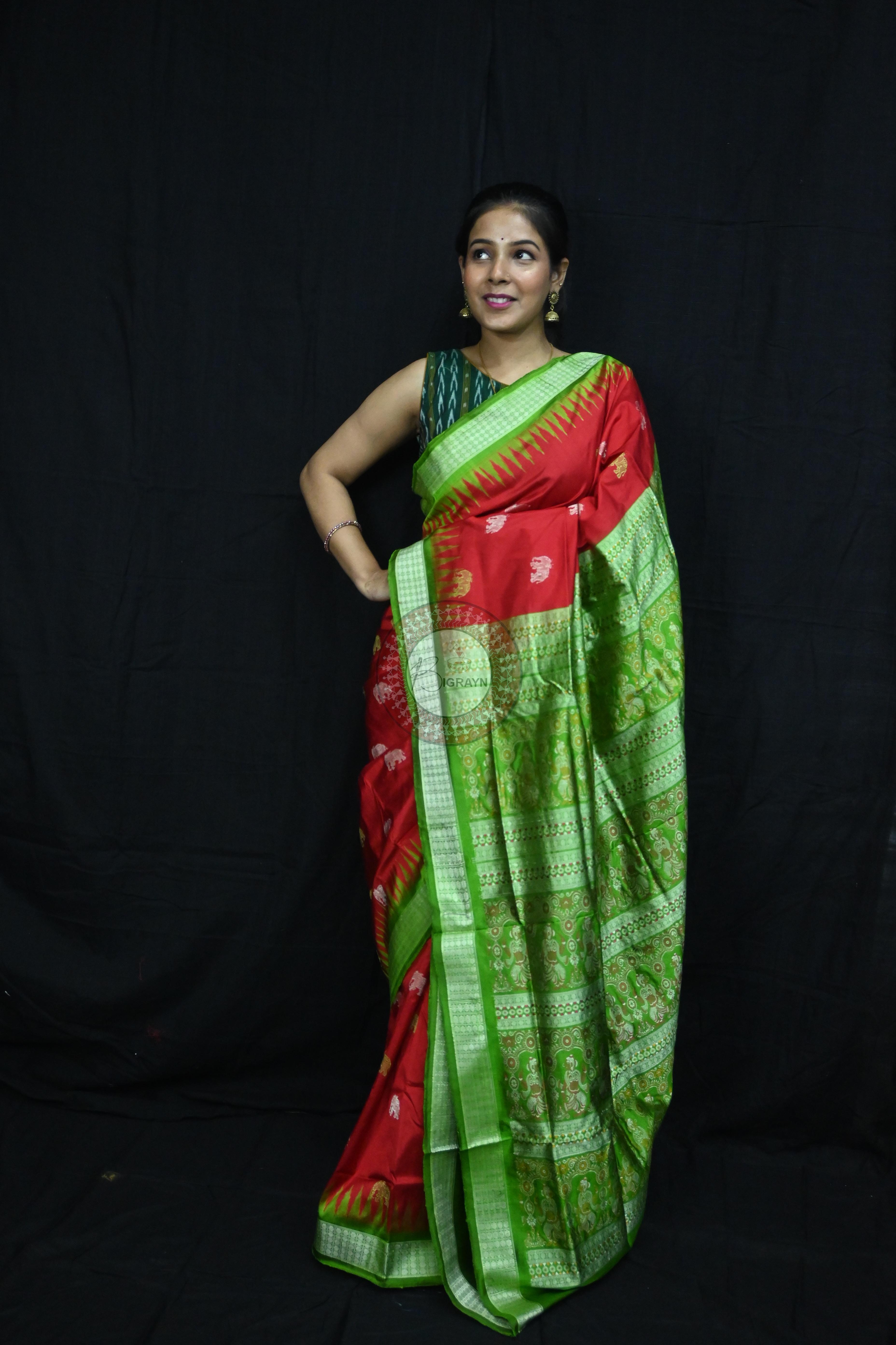Red Green Elephant Bomkai Silk Saree