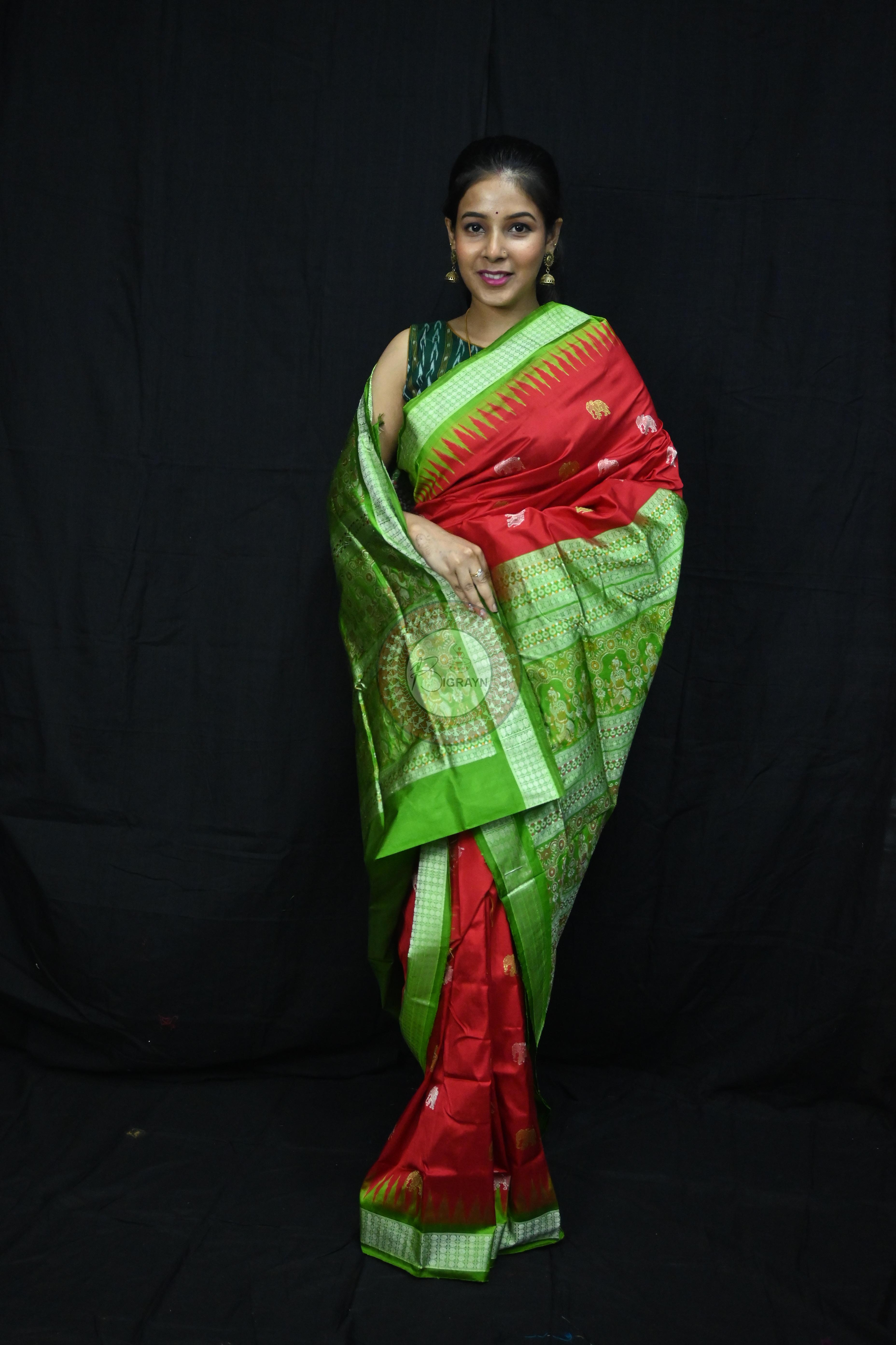 Red Green Elephant Bomkai Silk Saree