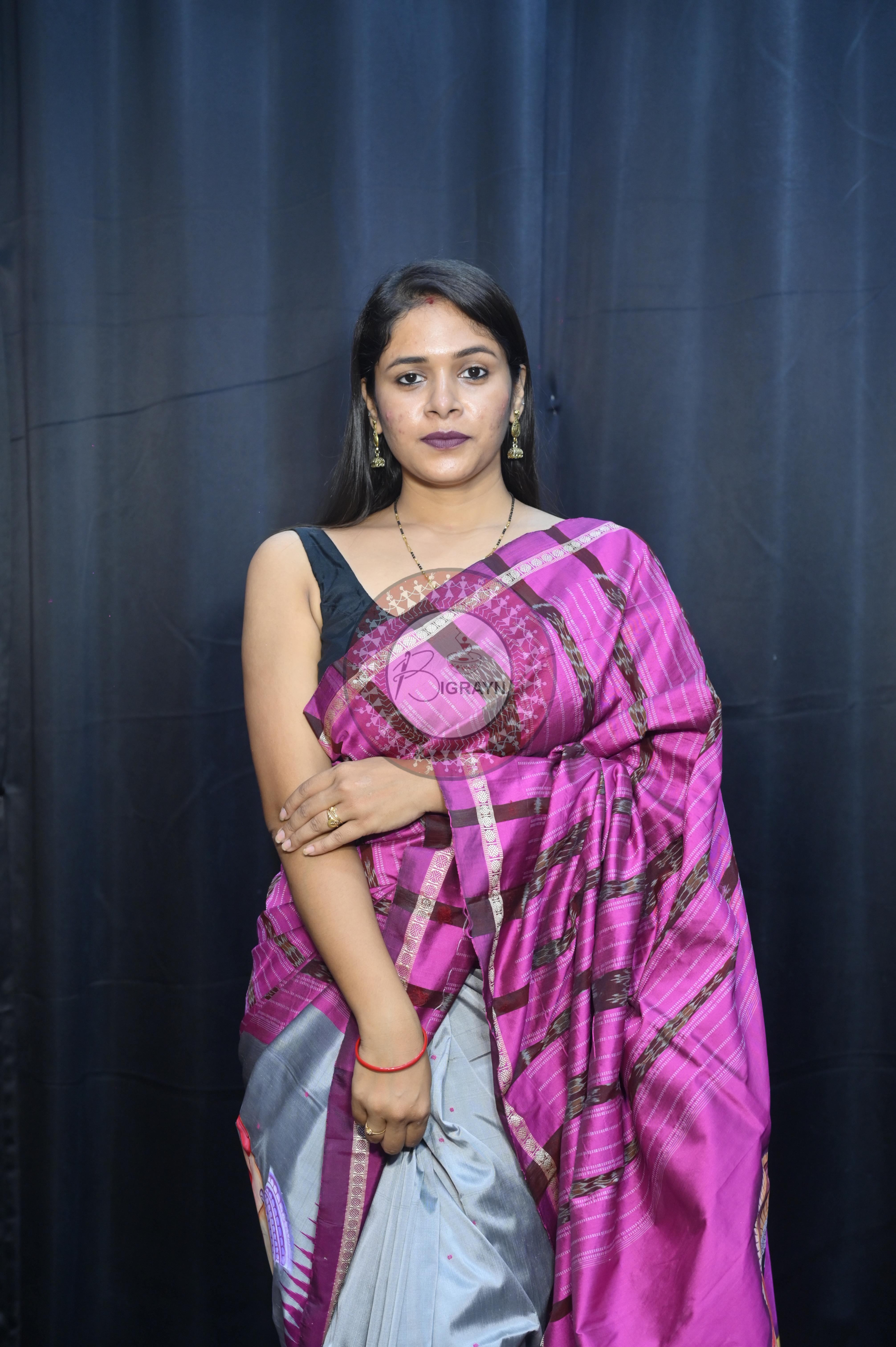 Grey Magenta Odishi Dancer Theme Pattachitra Sambalpuri Silk Saree