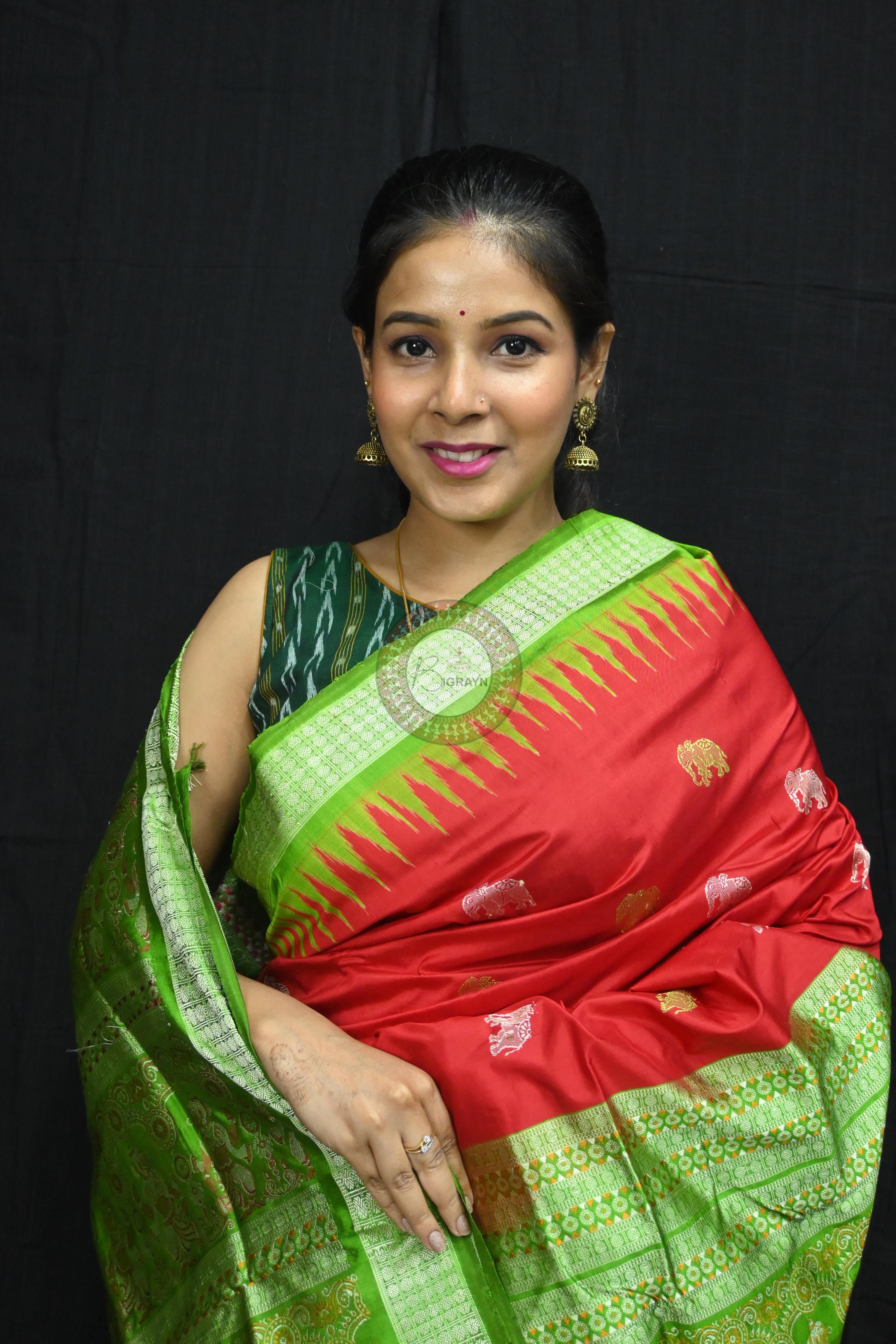 Red Green Elephant Bomkai Silk Saree