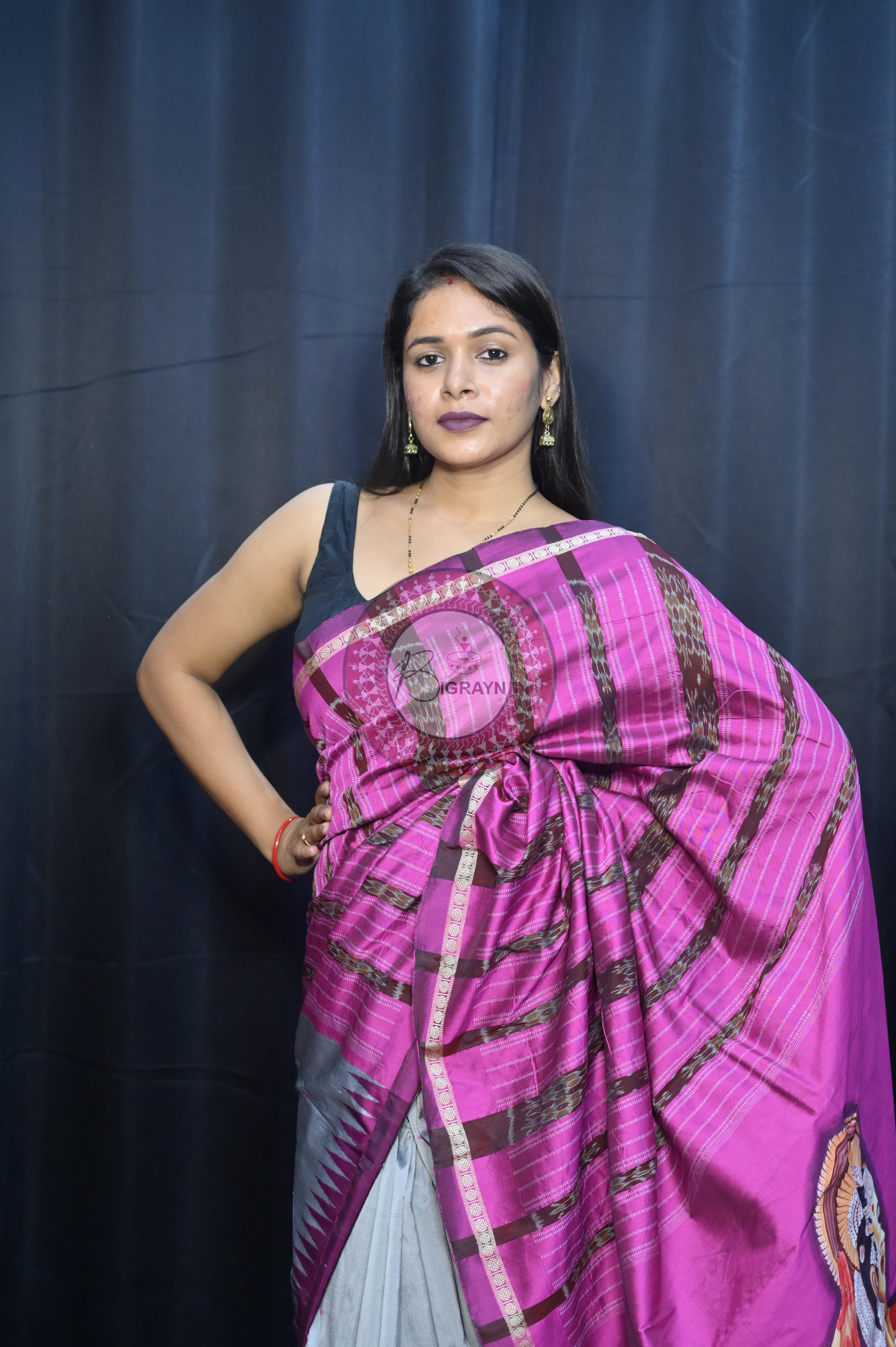 Grey Magenta Odishi Dancer Theme Pattachitra Sambalpuri Silk Saree