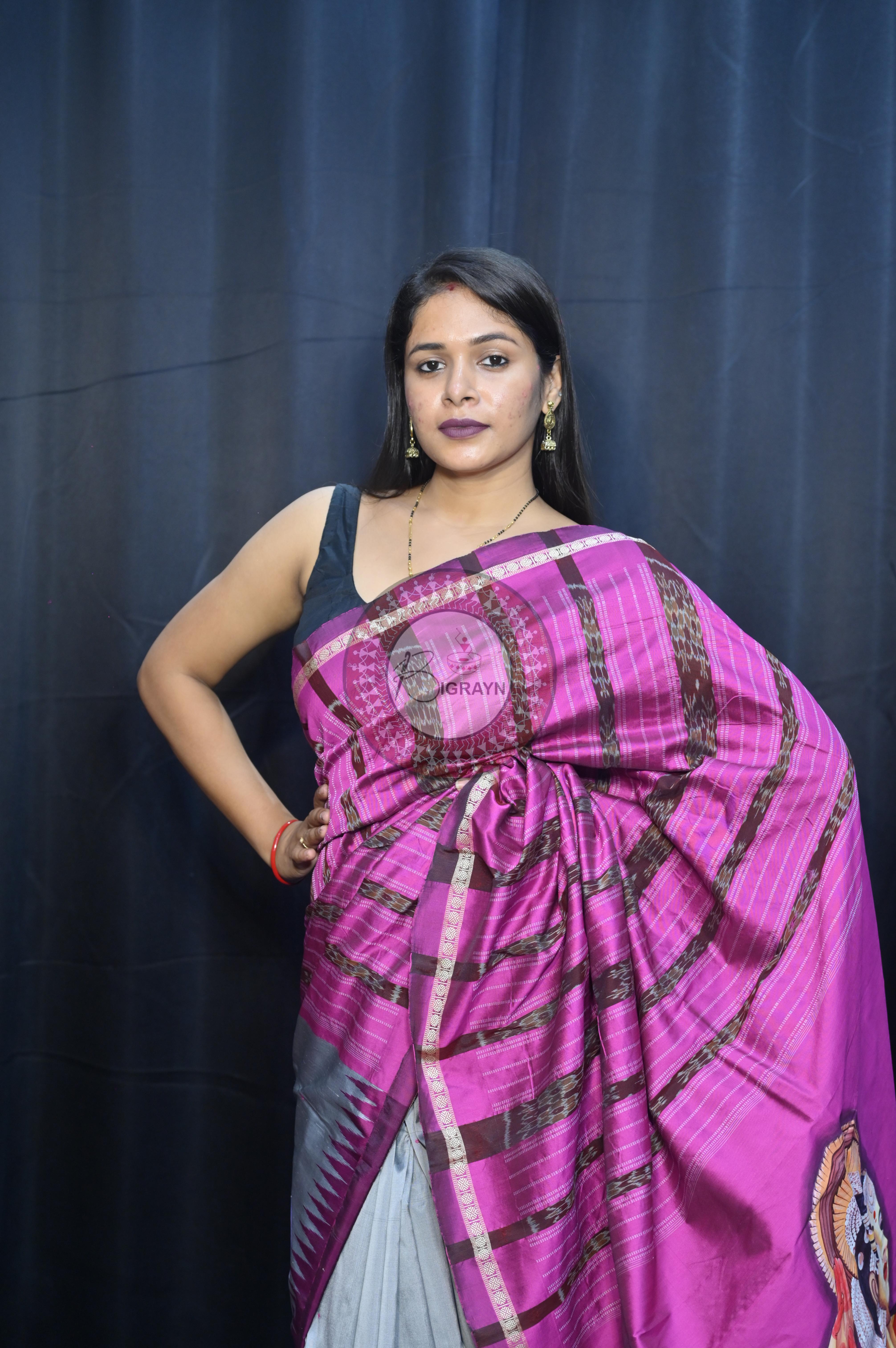 Grey Magenta Odishi Dancer Theme Pattachitra Sambalpuri Silk Saree