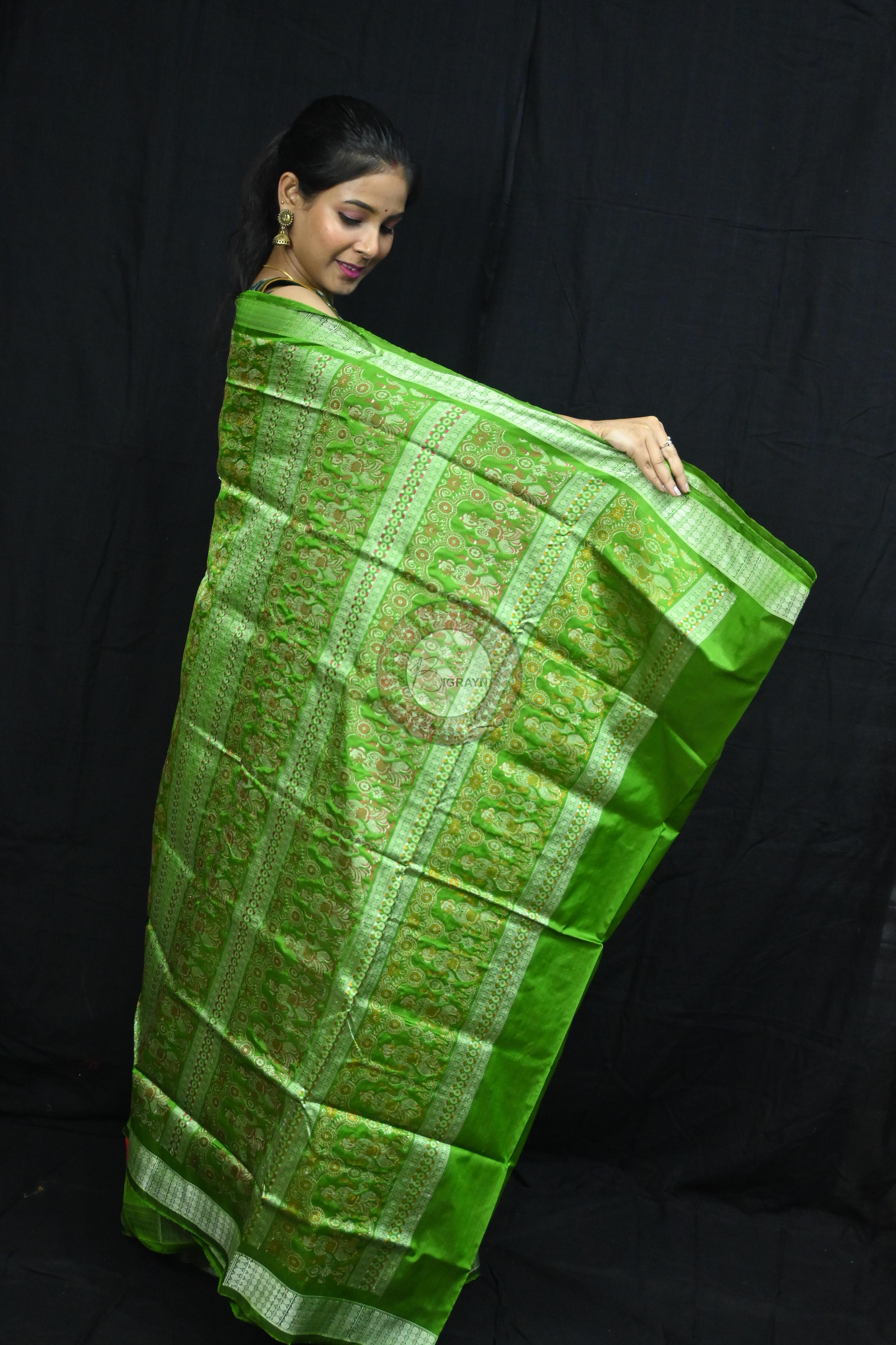 Red Green Elephant Bomkai Silk Saree