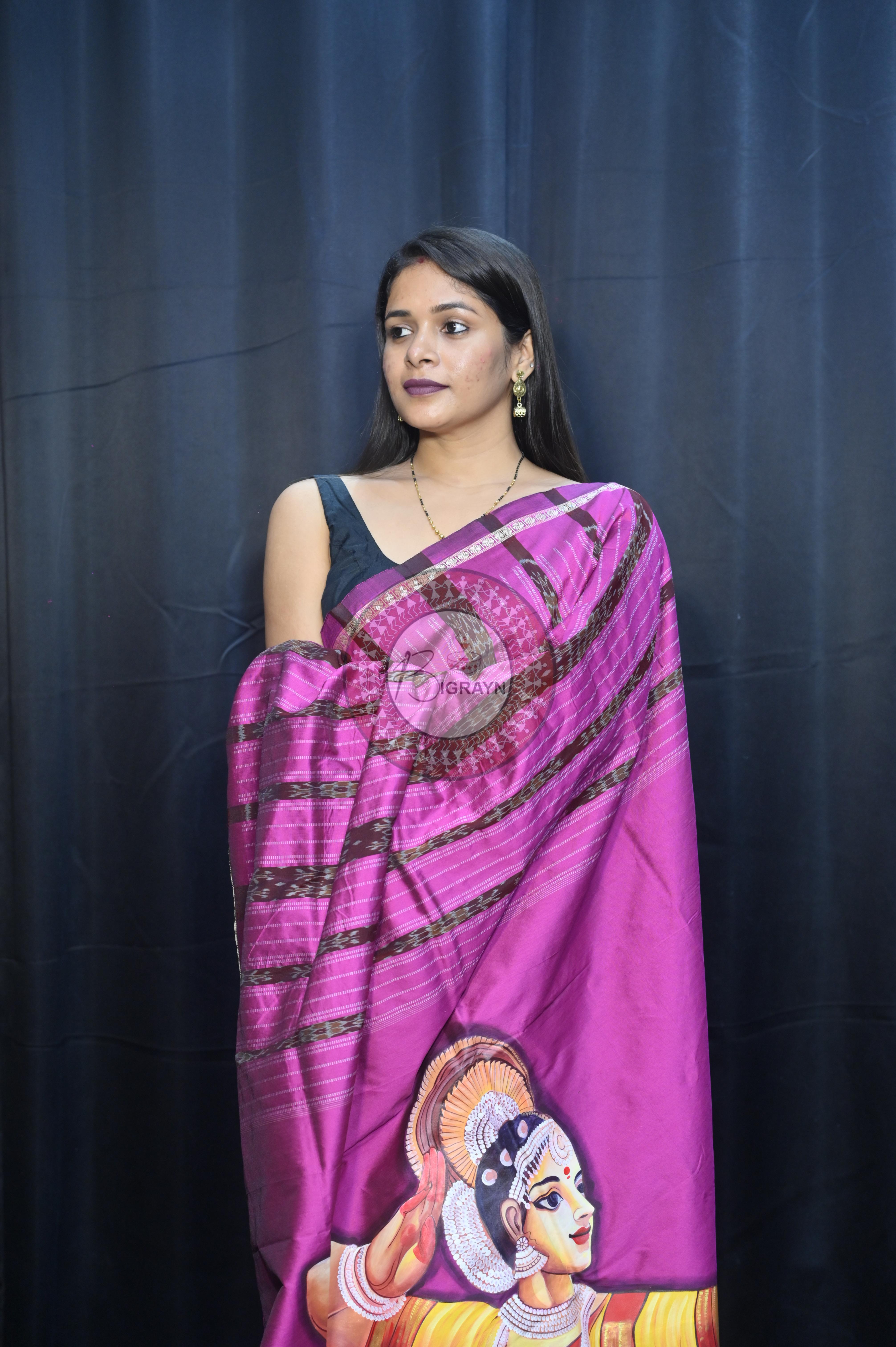 Grey Magenta Odishi Dancer Theme Pattachitra Sambalpuri Silk Saree