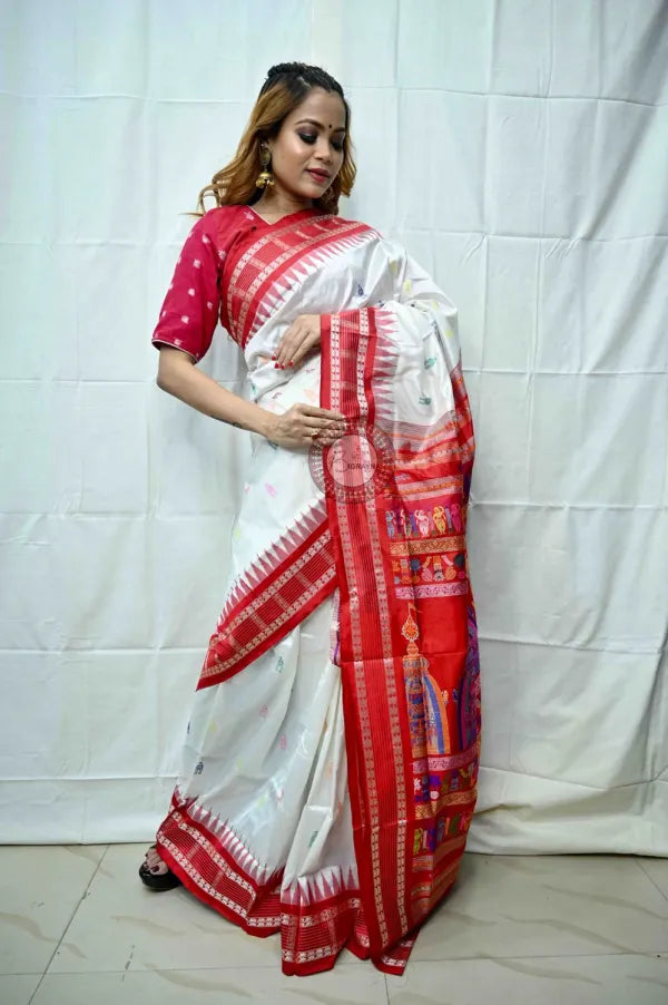 White Red Sri Mandir Sambalpuri Silk Saree