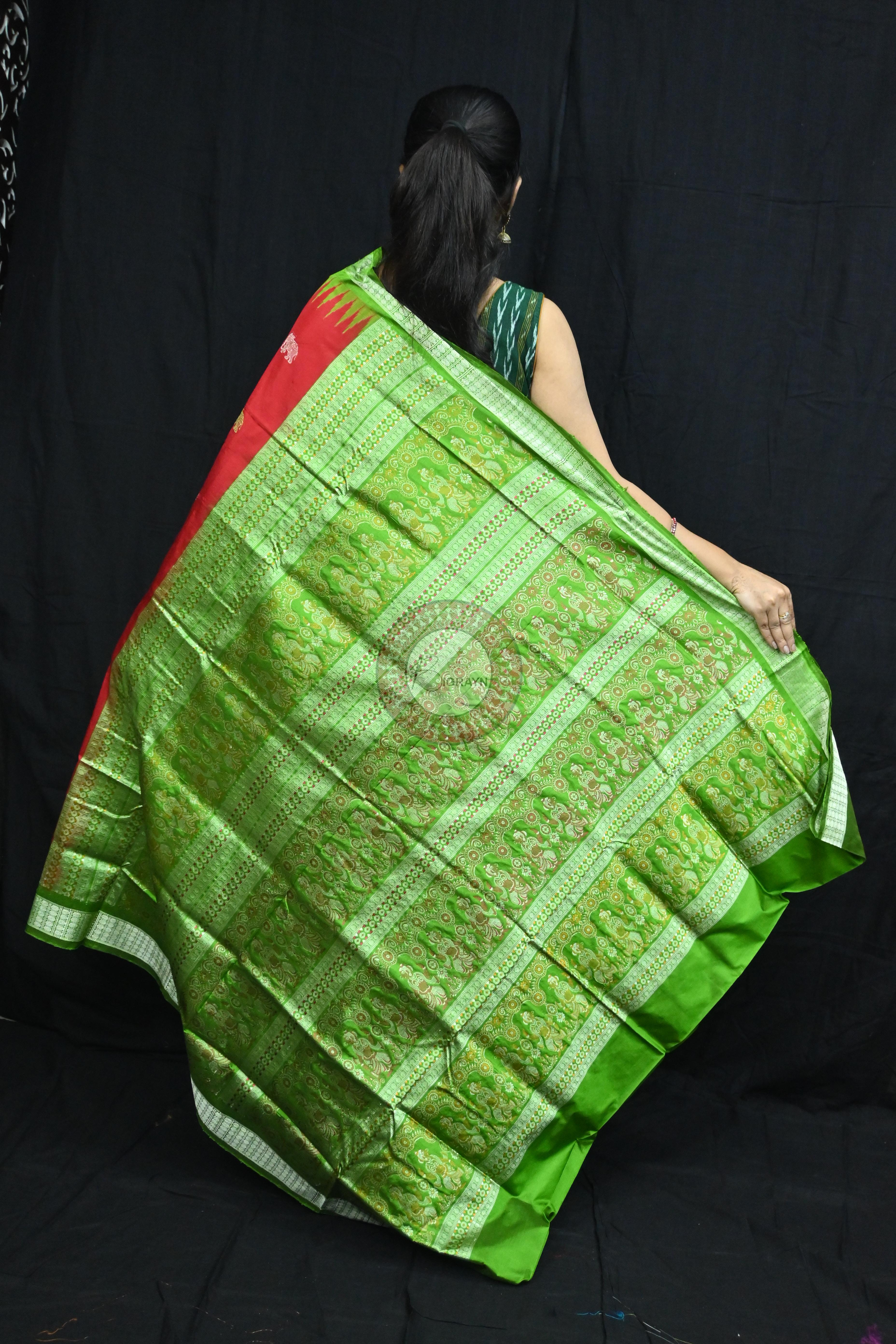 Red Green Elephant Bomkai Silk Saree
