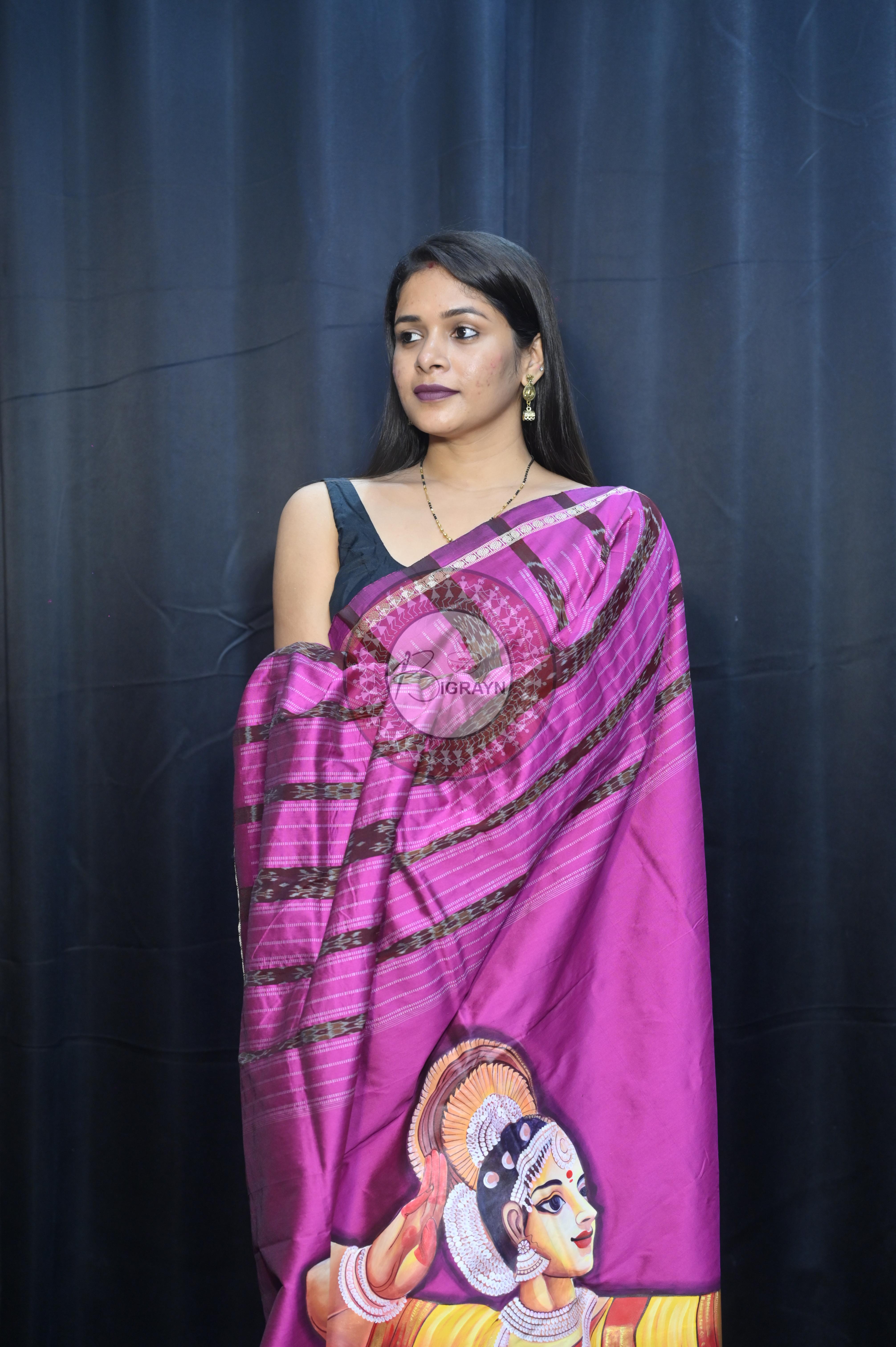 Grey Magenta Odishi Dancer Theme Pattachitra Sambalpuri Silk Saree