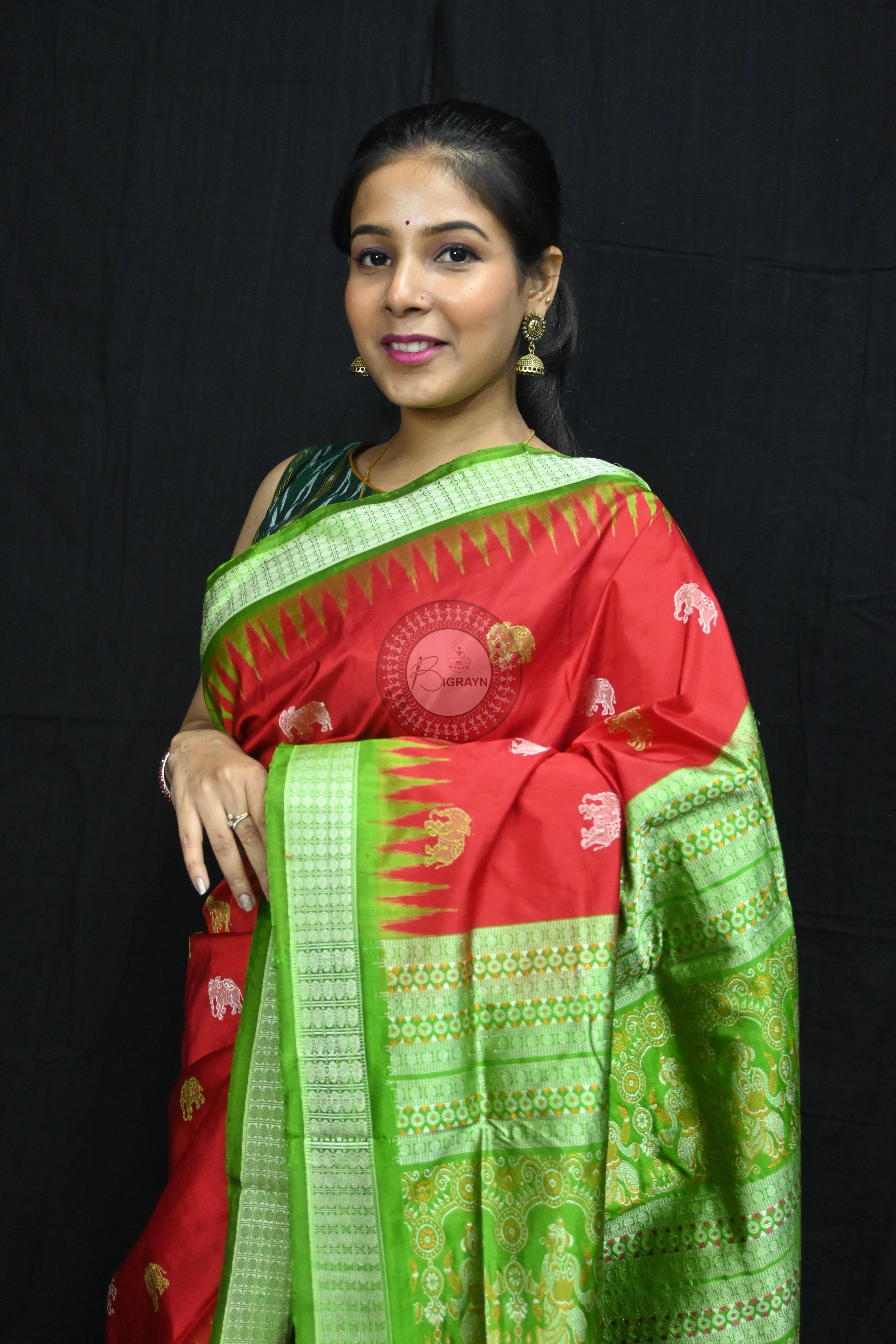 Red Green Elephant Bomkai Silk Saree