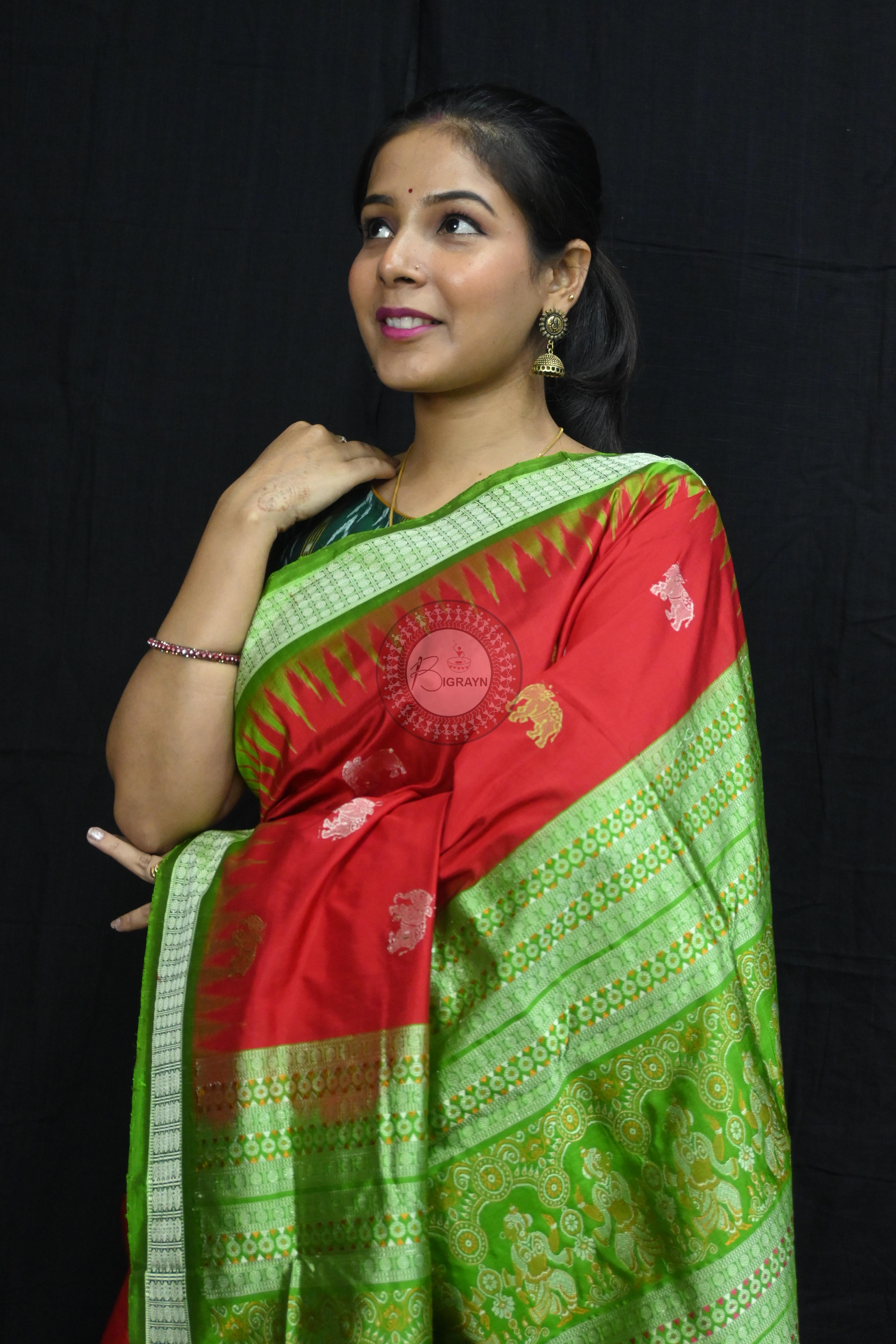 Red Green Elephant Bomkai Silk Saree