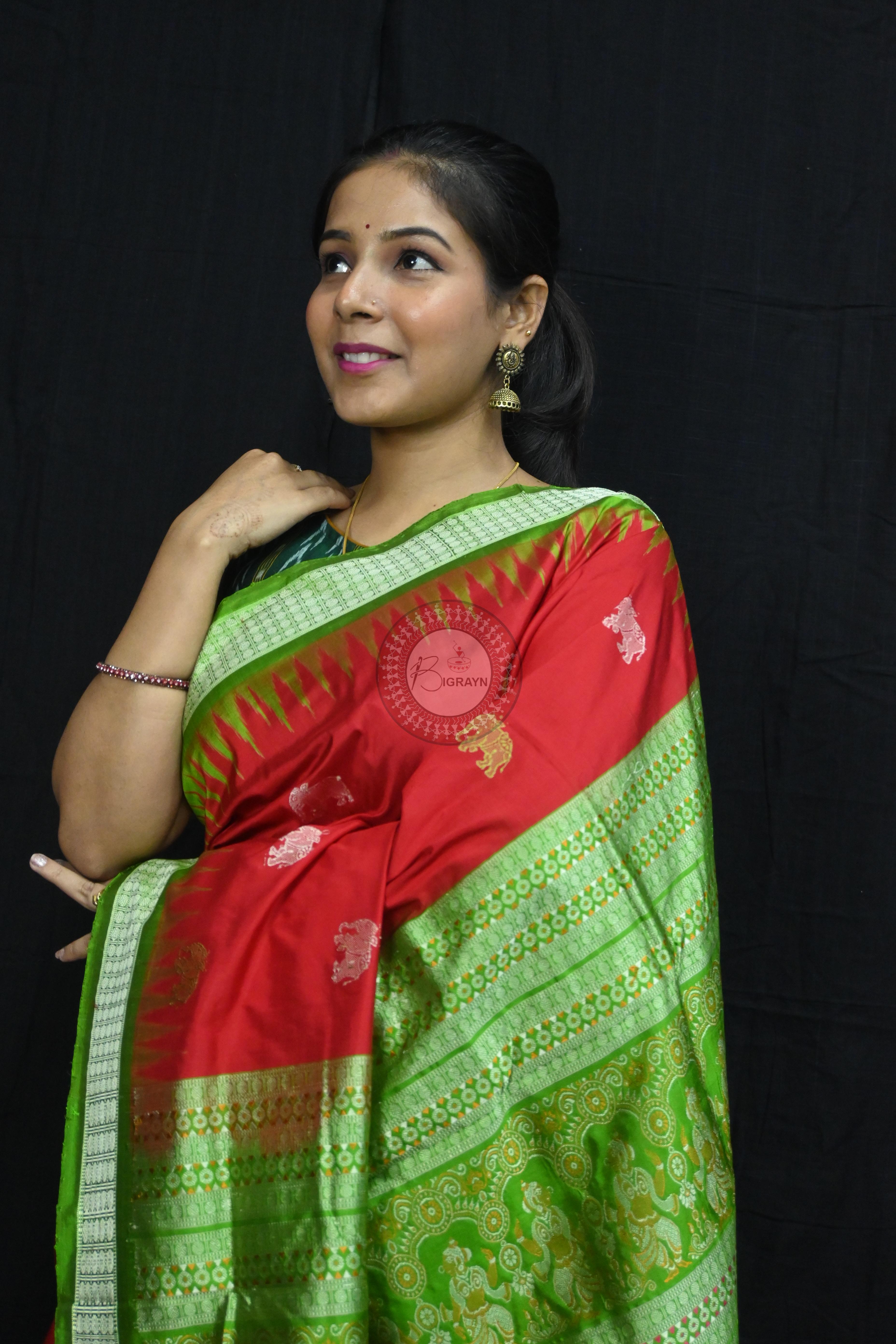 Red Green Elephant Bomkai Silk Saree