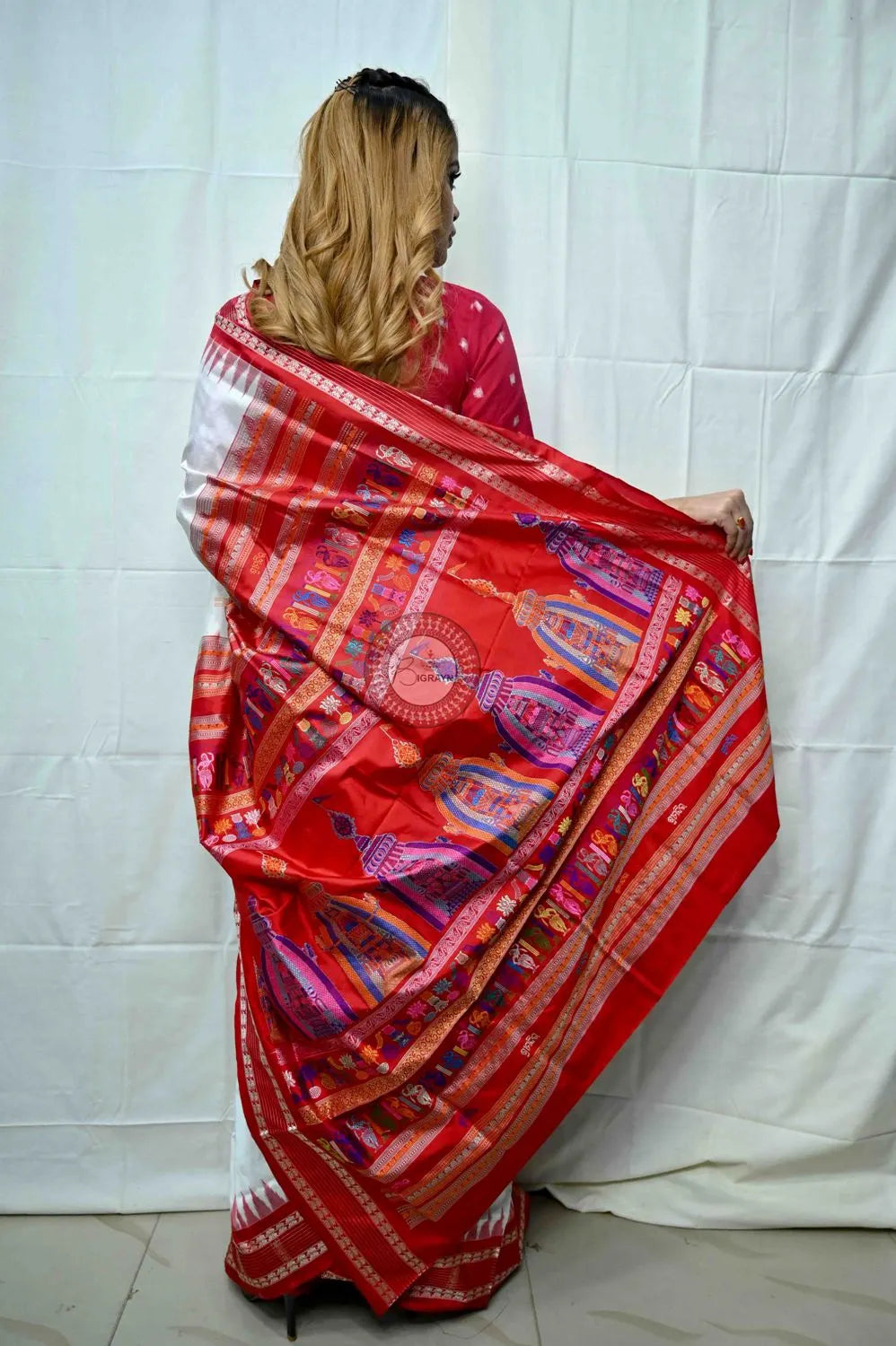 White Red Sri Mandir Sambalpuri Silk Saree