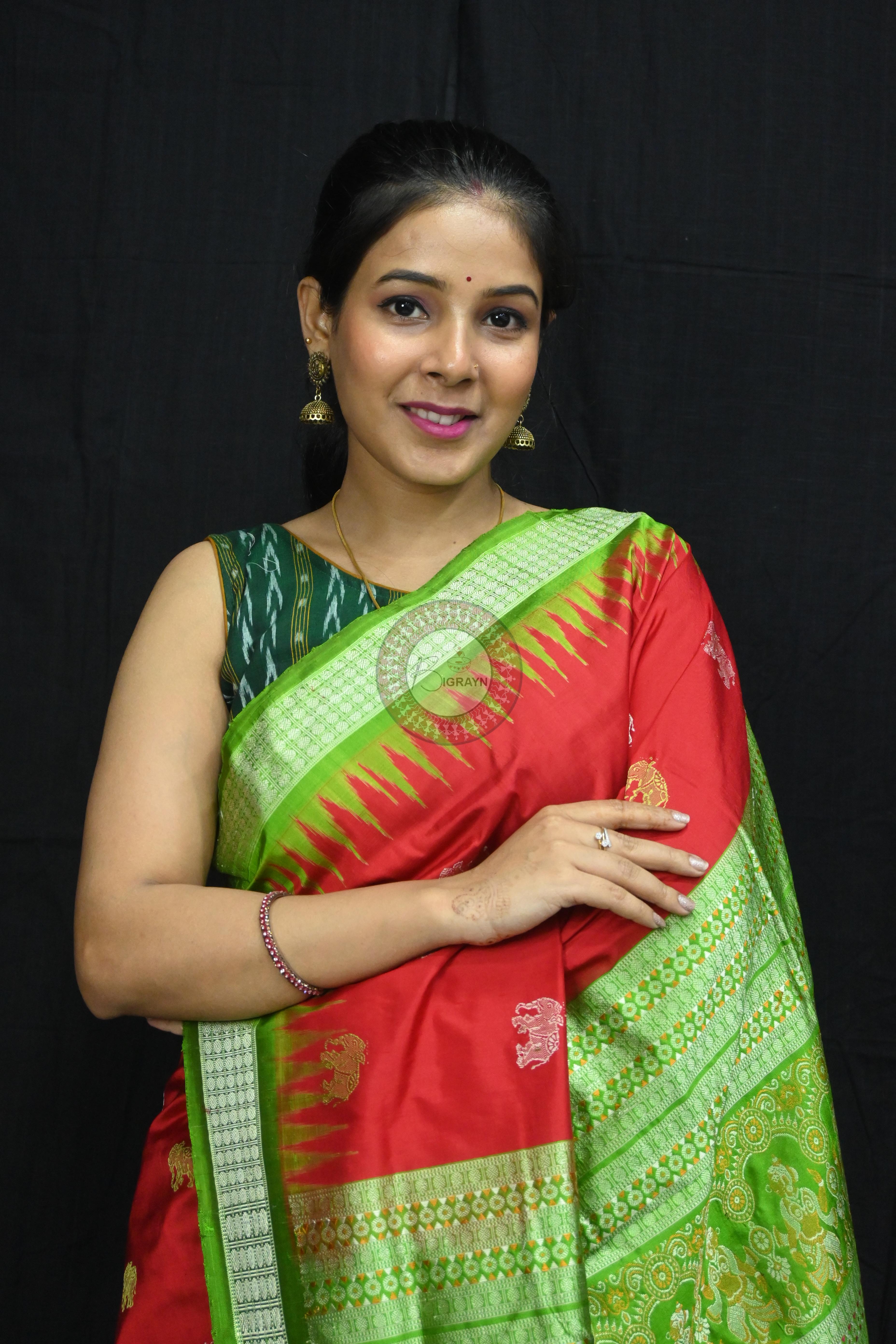 Red Green Elephant Bomkai Silk Saree