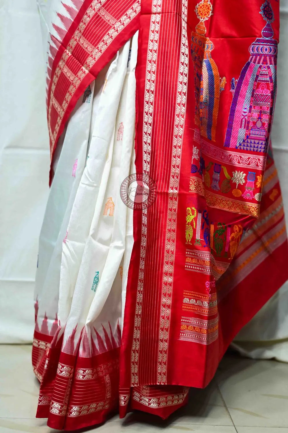 White Red Sri Mandir Sambalpuri Silk Saree