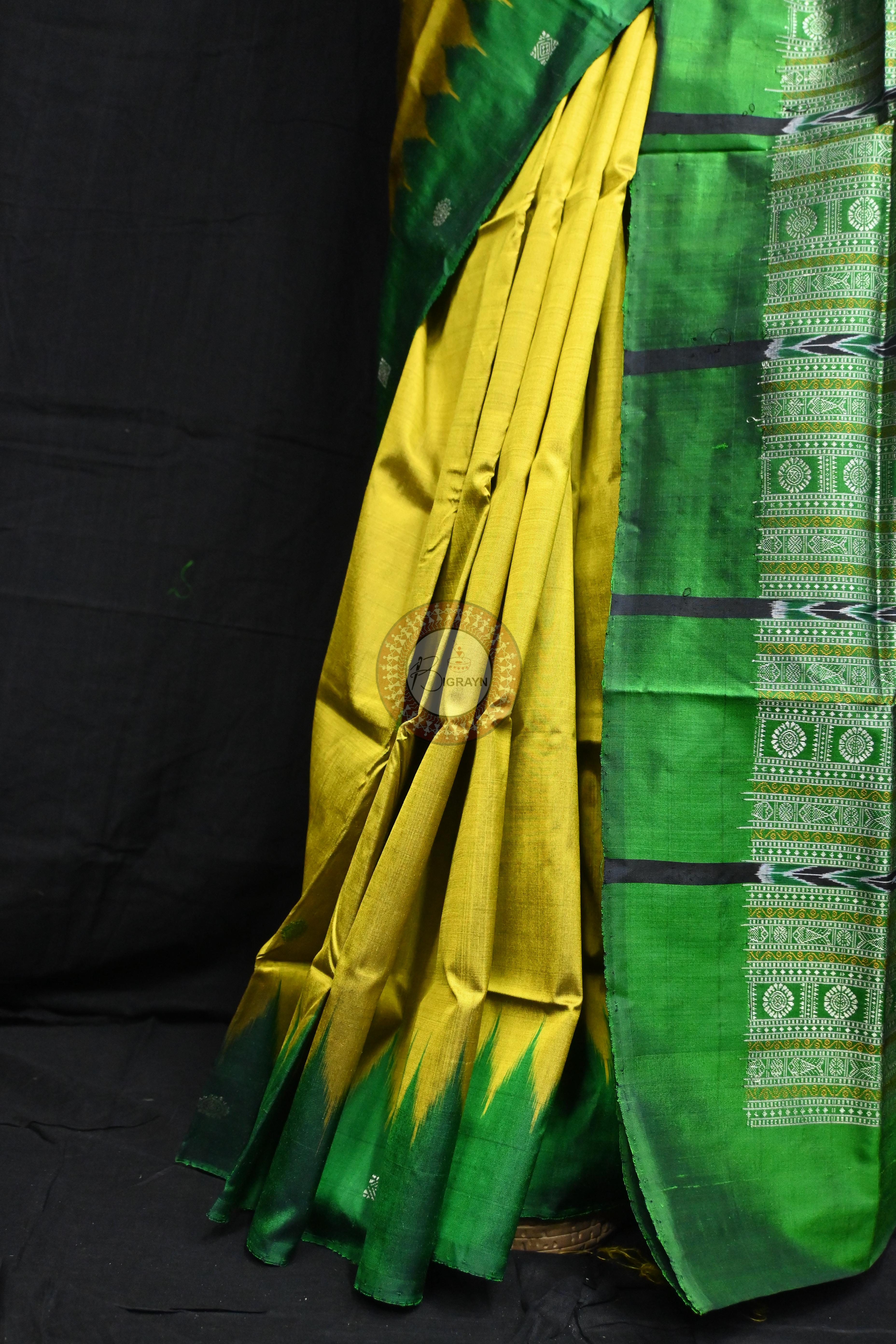 Golden Green Circle Squares Bomkai Silk Saree