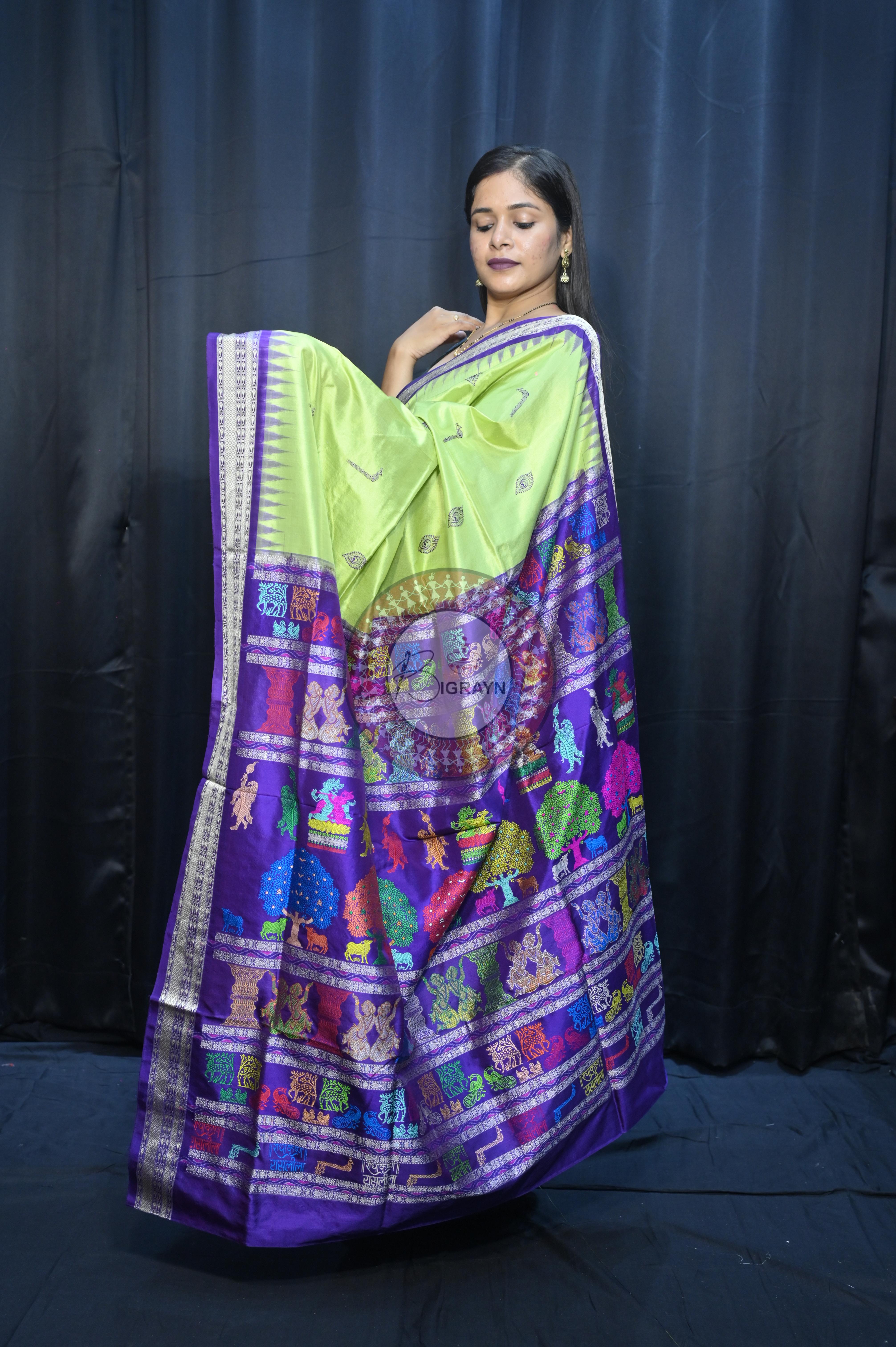 Light Green Purple Rasleela Exclusive Sambalpuri Silk Saree