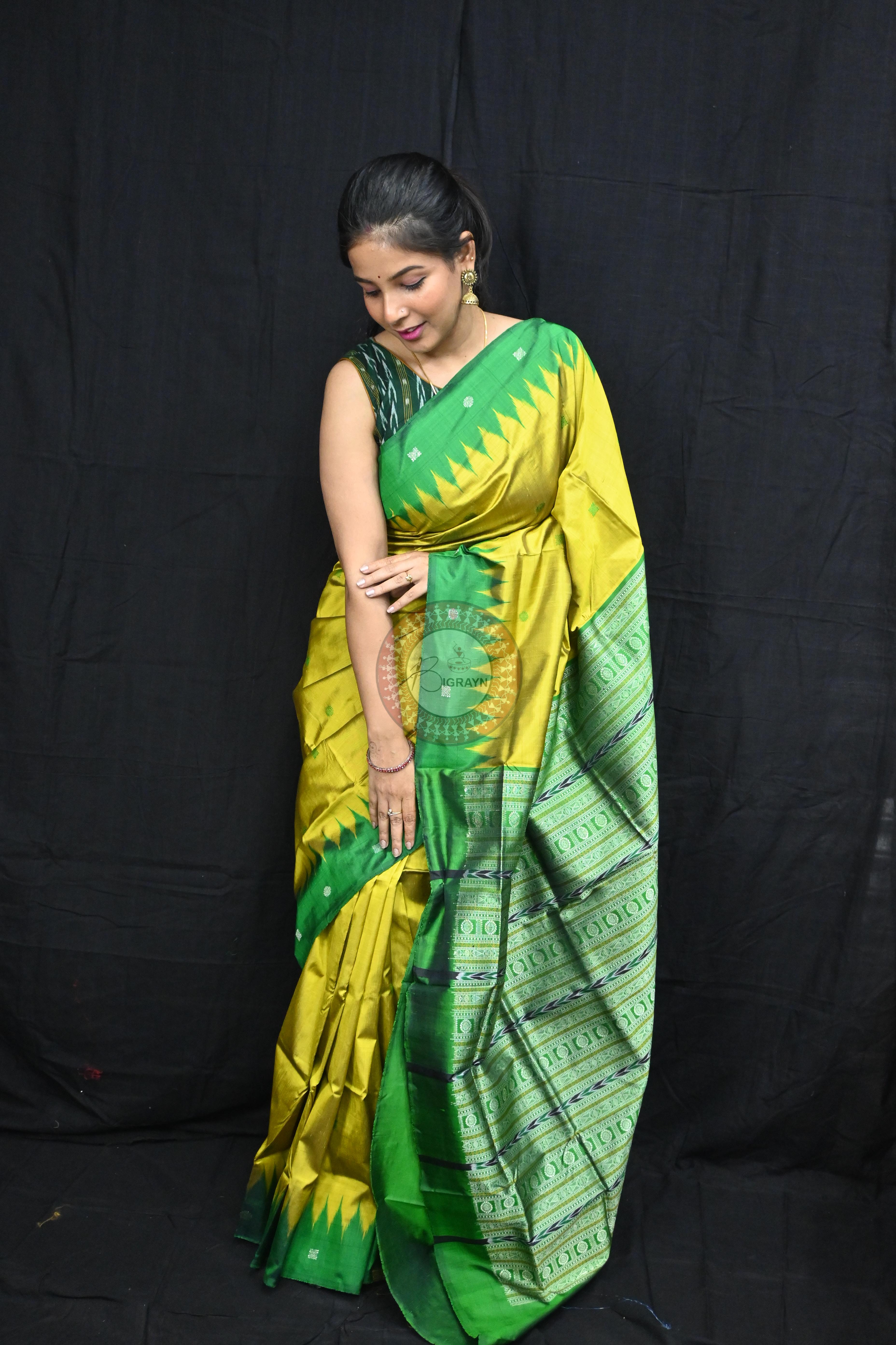 Golden Green Circle Squares Bomkai Silk Saree