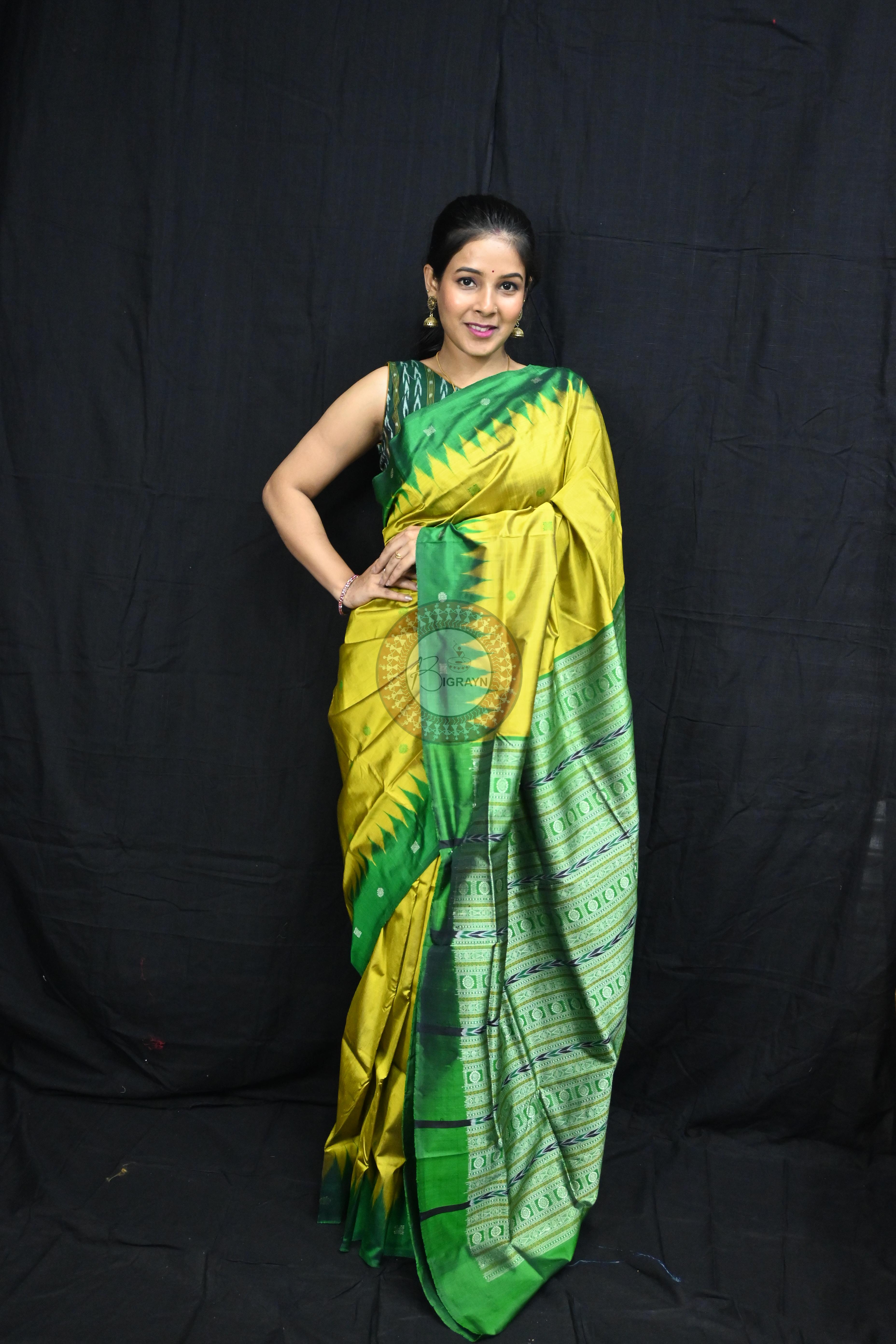 Golden Green Circle Squares Bomkai Silk Saree