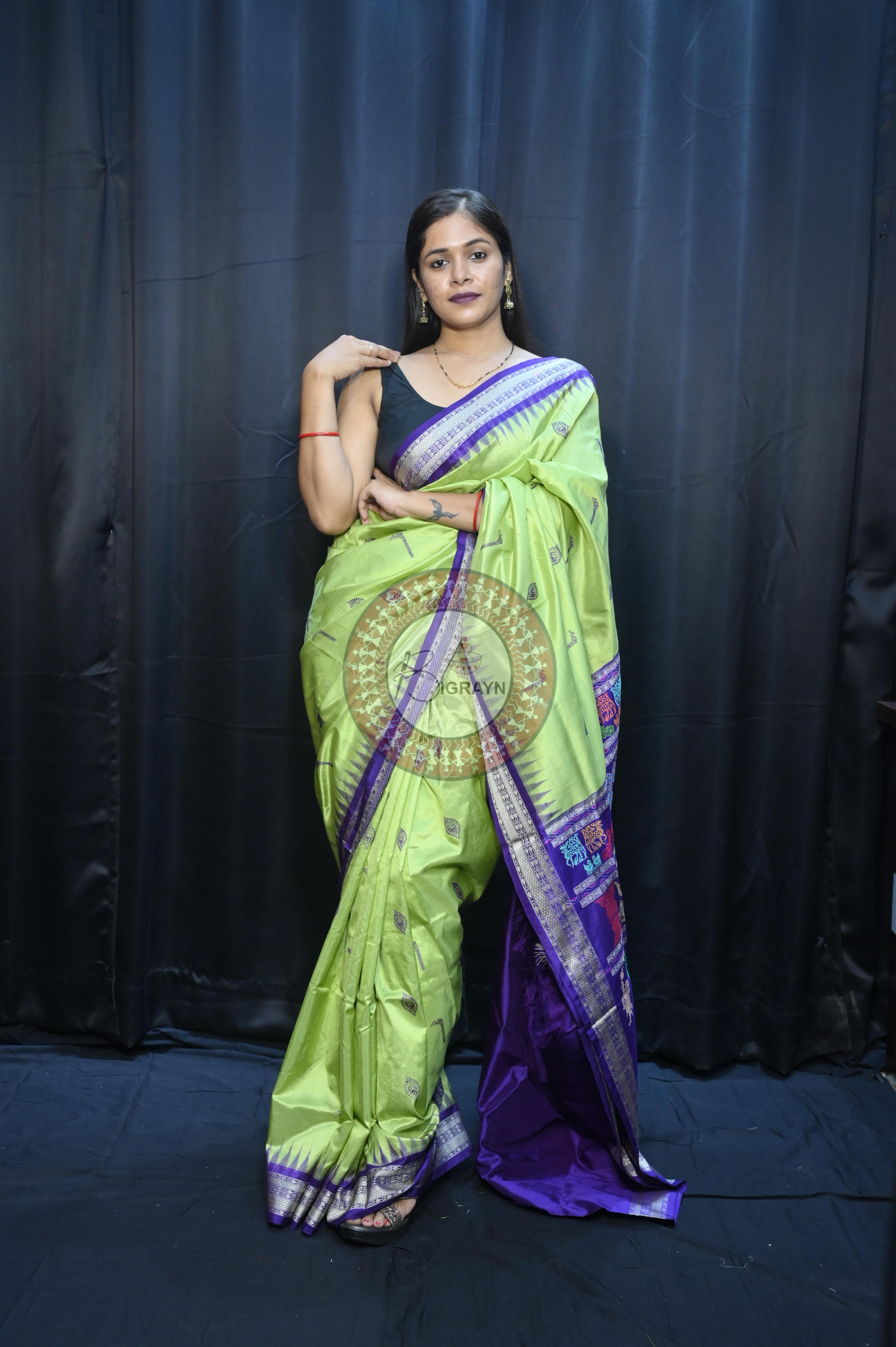 Light Green Purple Rasleela Exclusive Sambalpuri Silk Saree