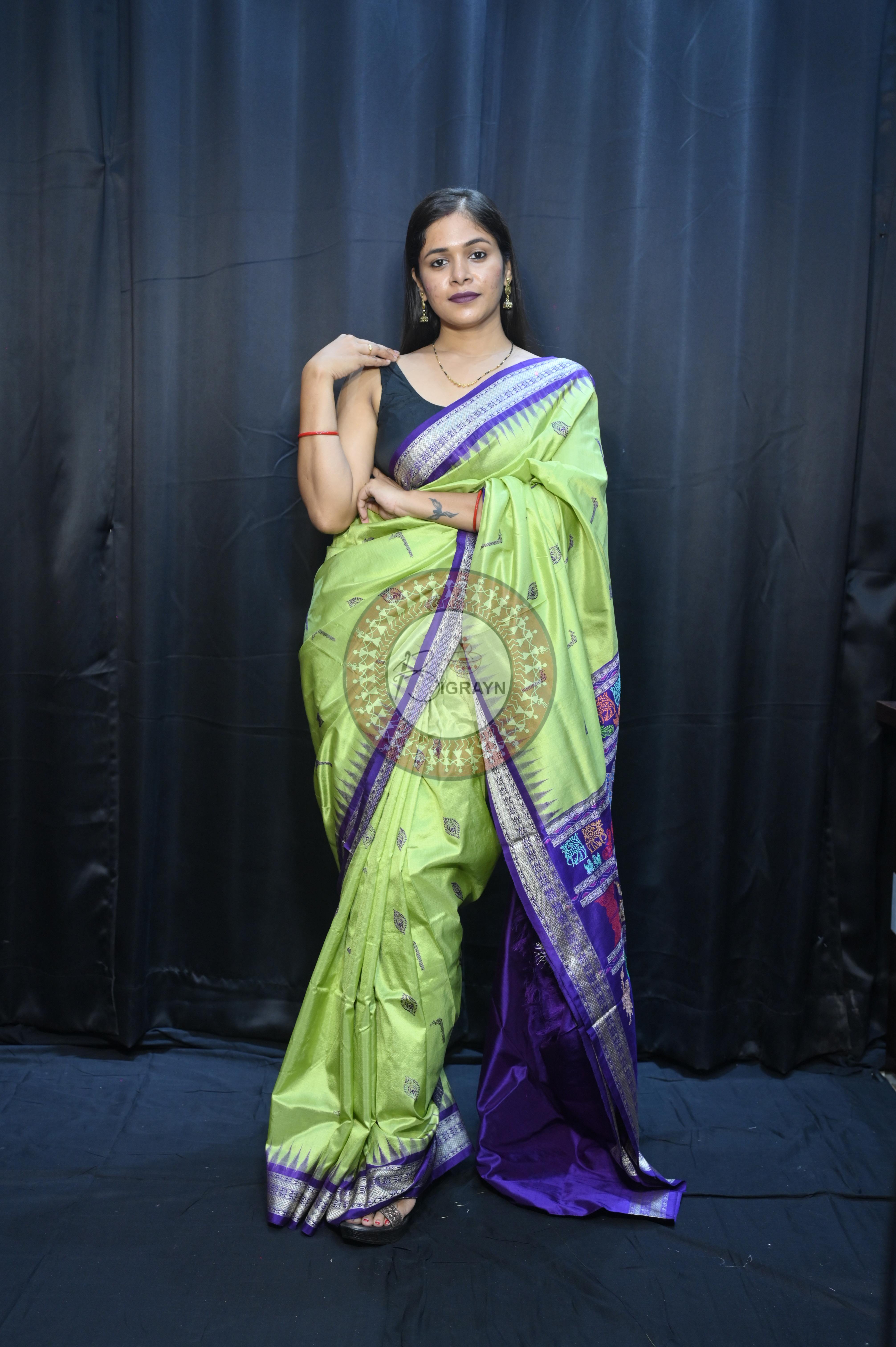 Light Green Purple Rasleela Exclusive Sambalpuri Silk Saree