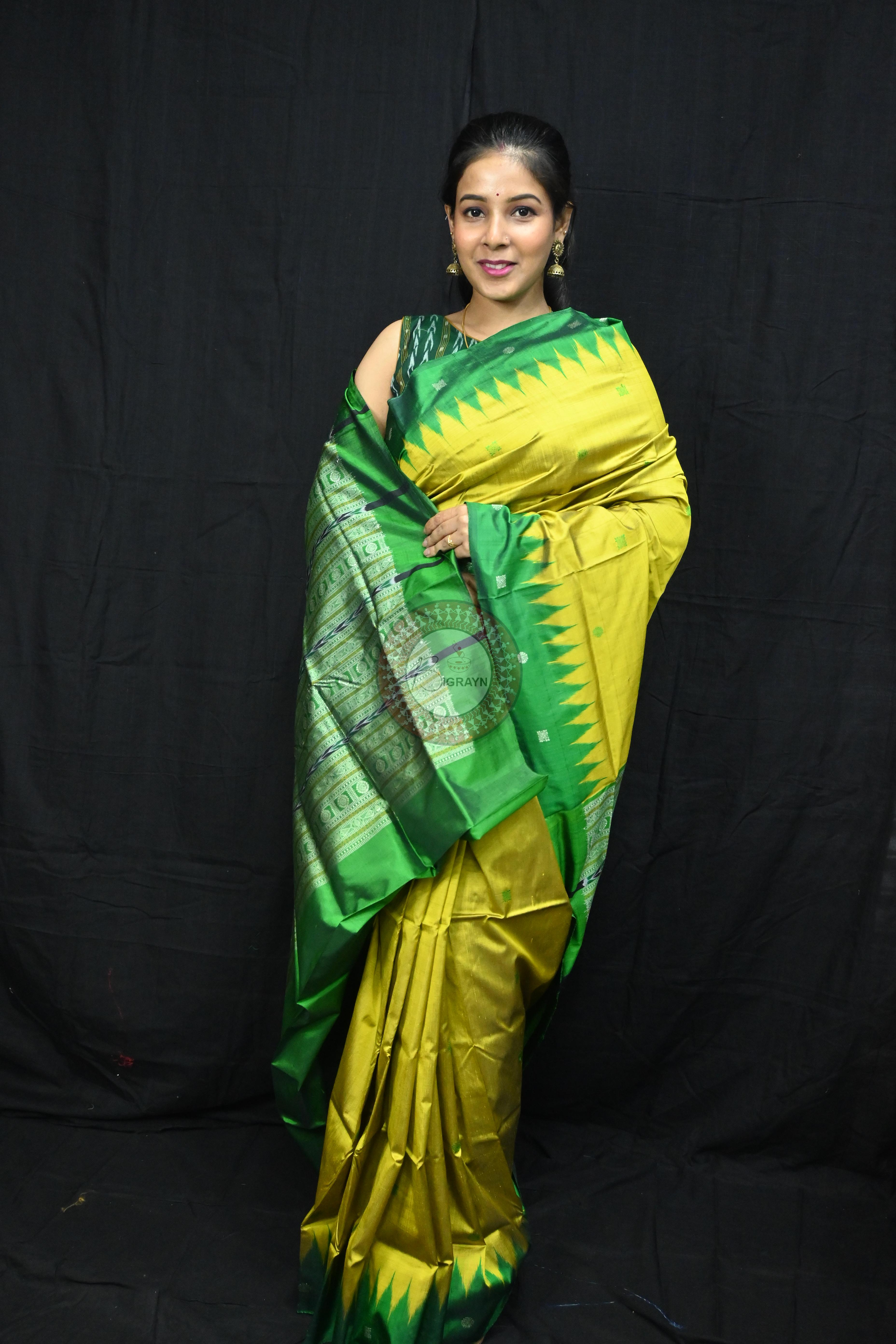 Golden Green Circle Squares Bomkai Silk Saree
