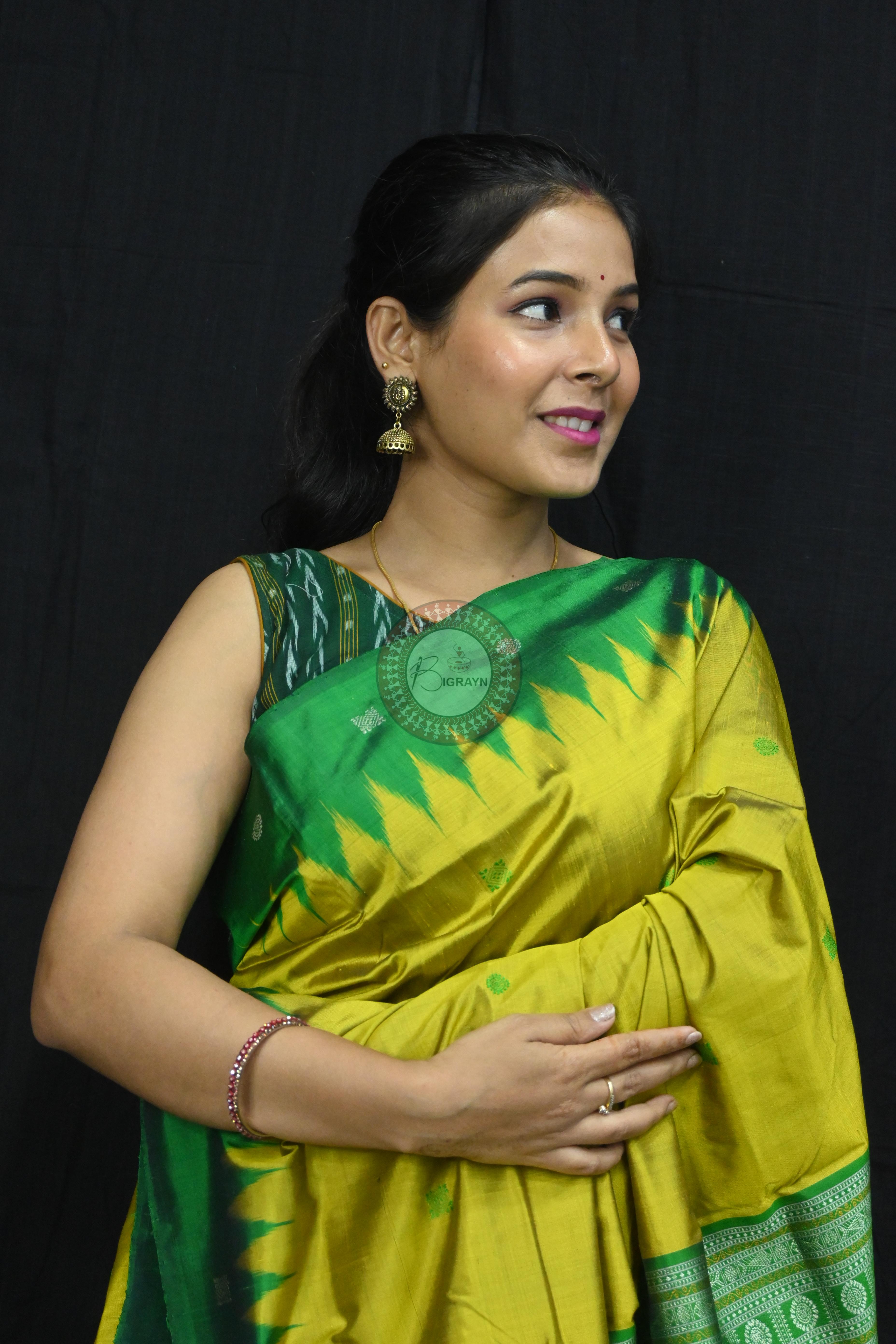 Golden Green Circle Squares Bomkai Silk Saree