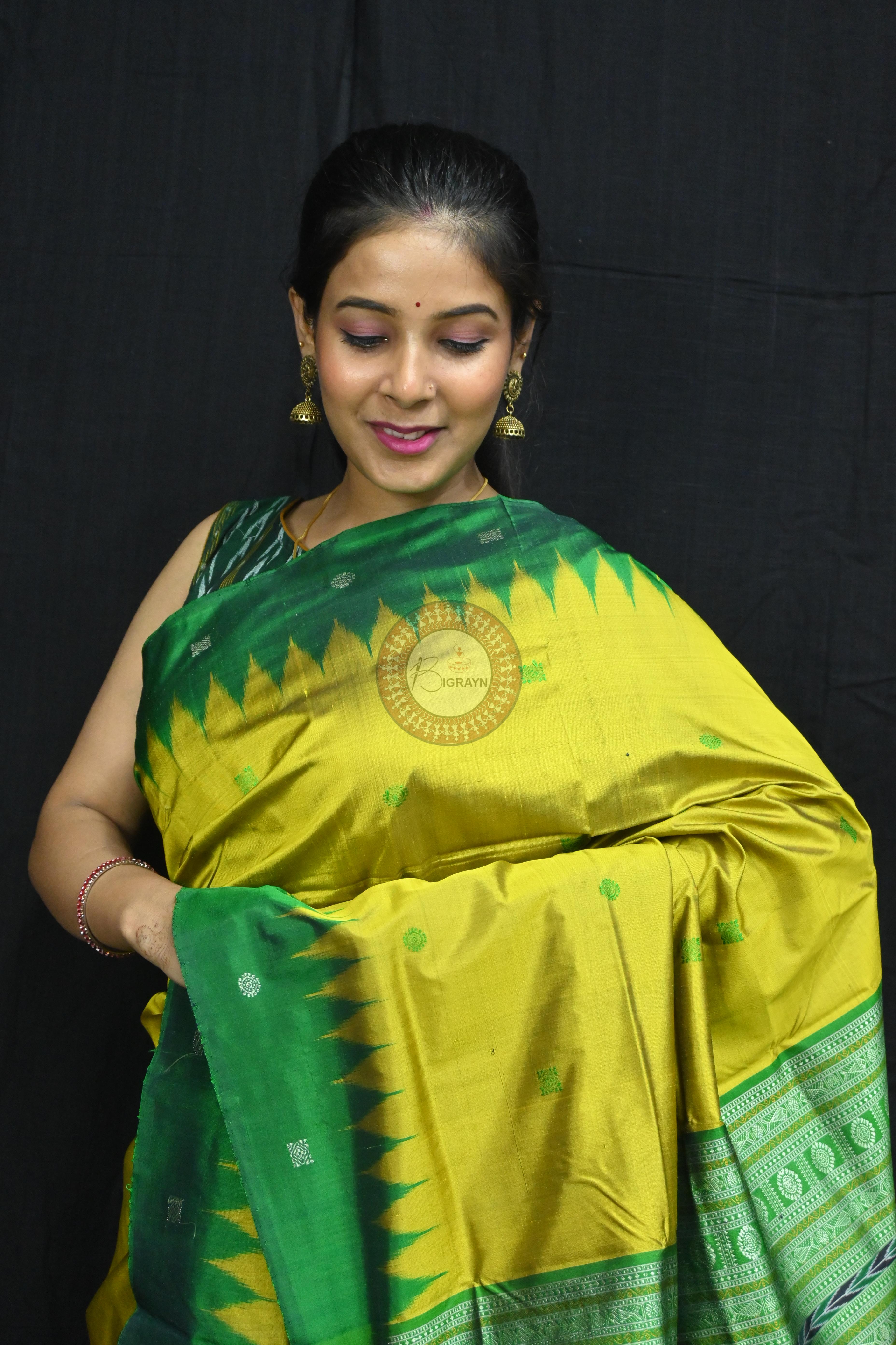 Golden Green Circle Squares Bomkai Silk Saree