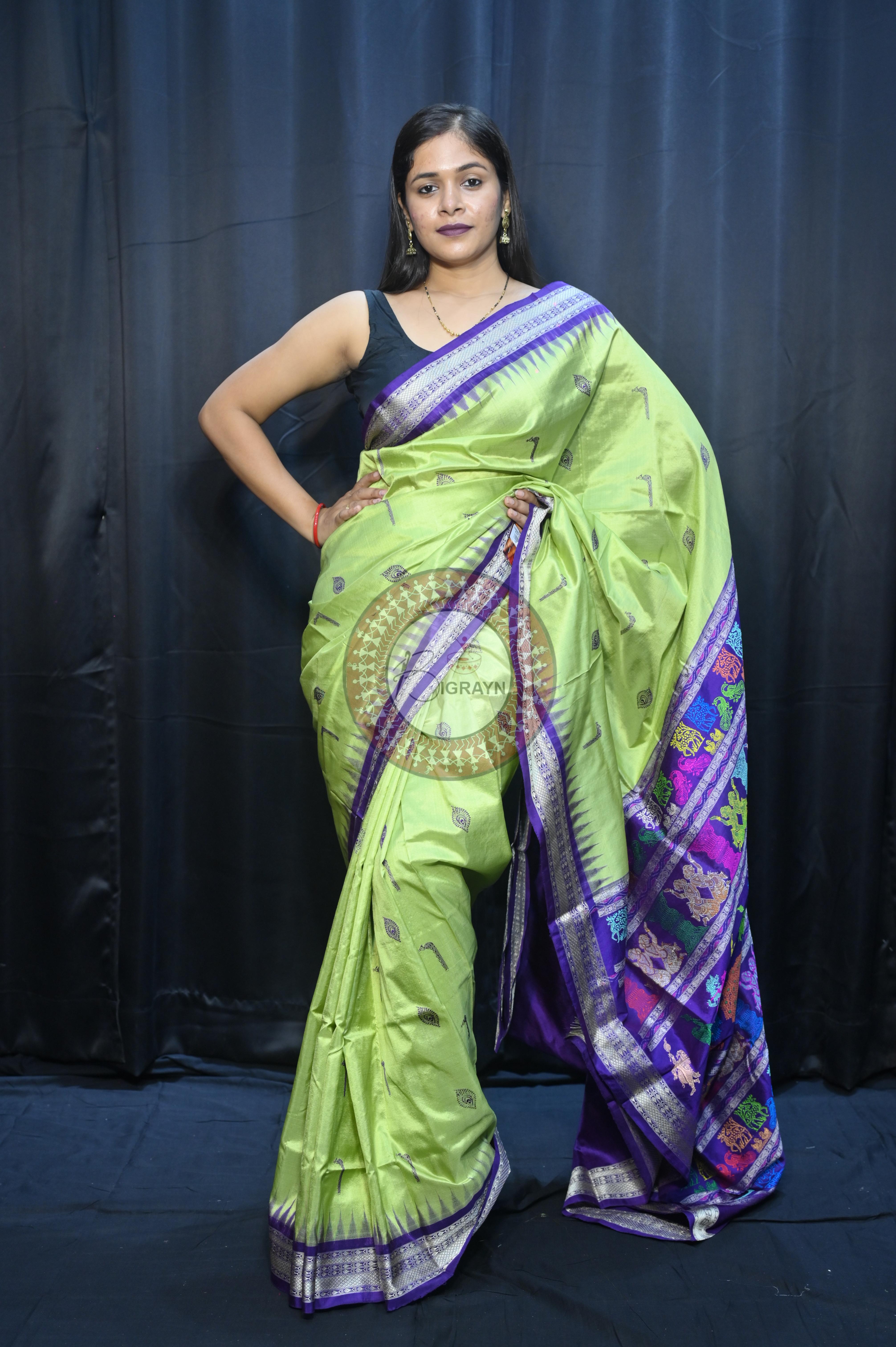 Light Green Purple Rasleela Exclusive Sambalpuri Silk Saree