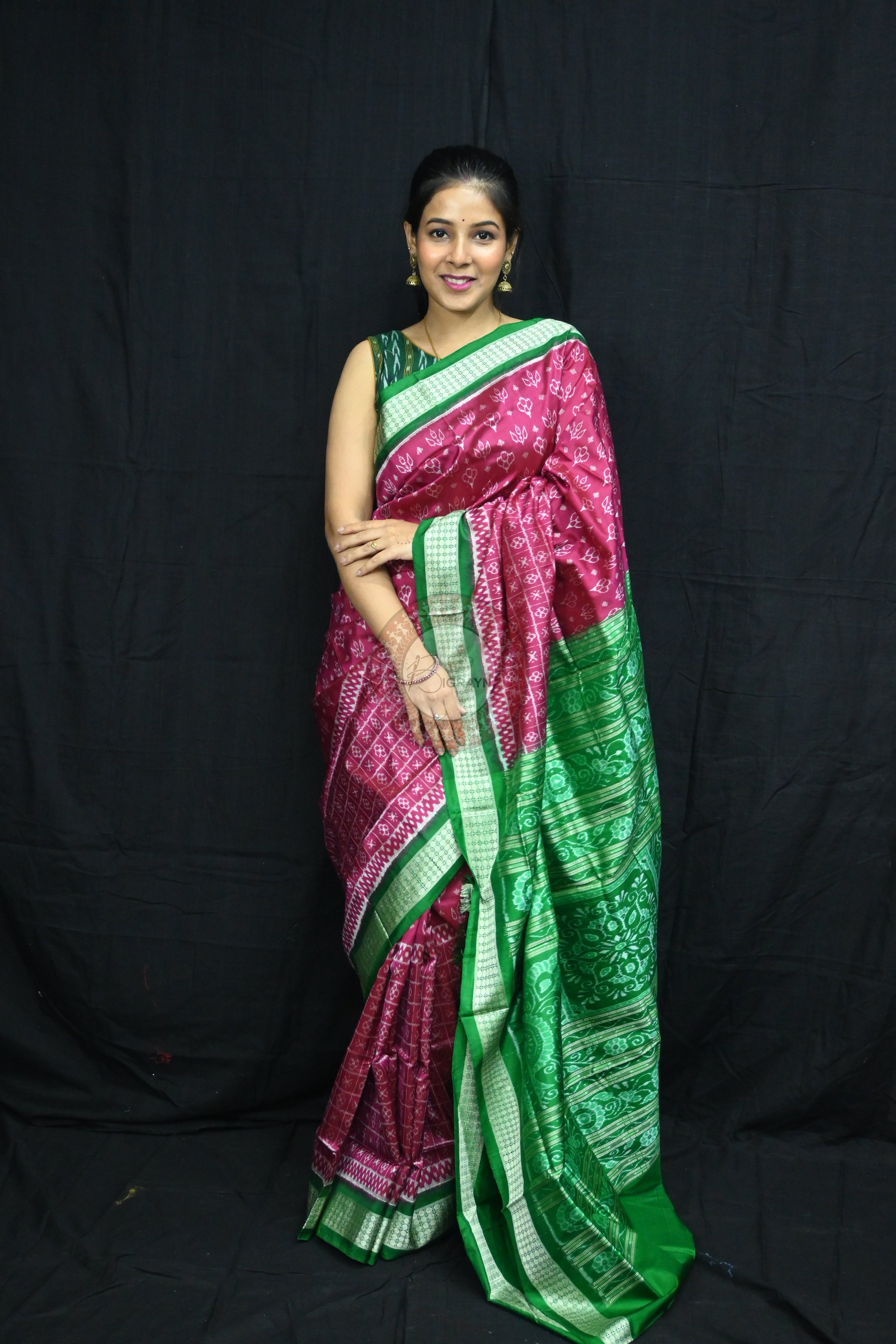 Magenta Green Flower Kadhi Sambalpuri Silk Saree