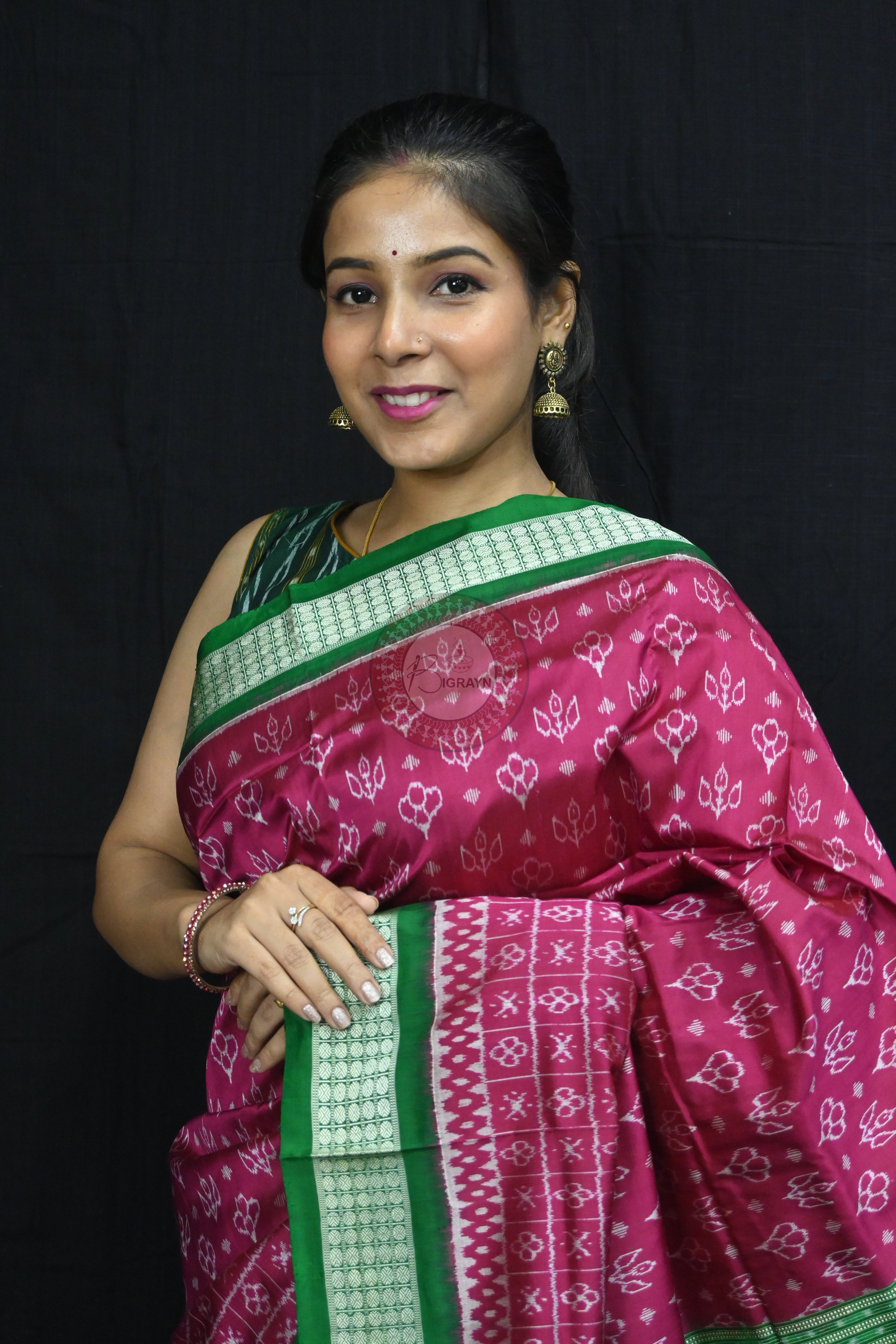 Magenta Green Flower Kadhi Sambalpuri Silk Saree