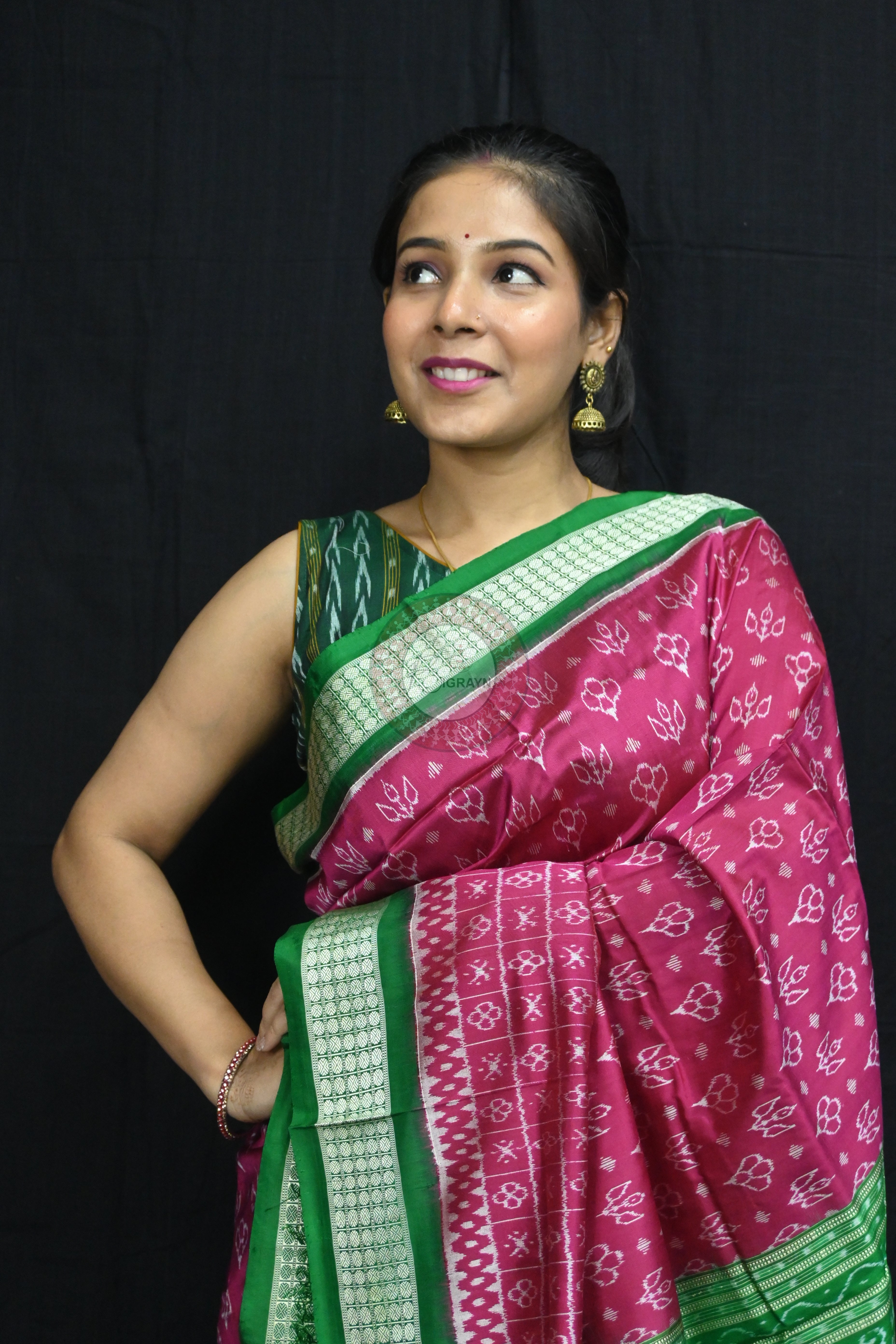 Magenta Green Flower Kadhi Sambalpuri Silk Saree