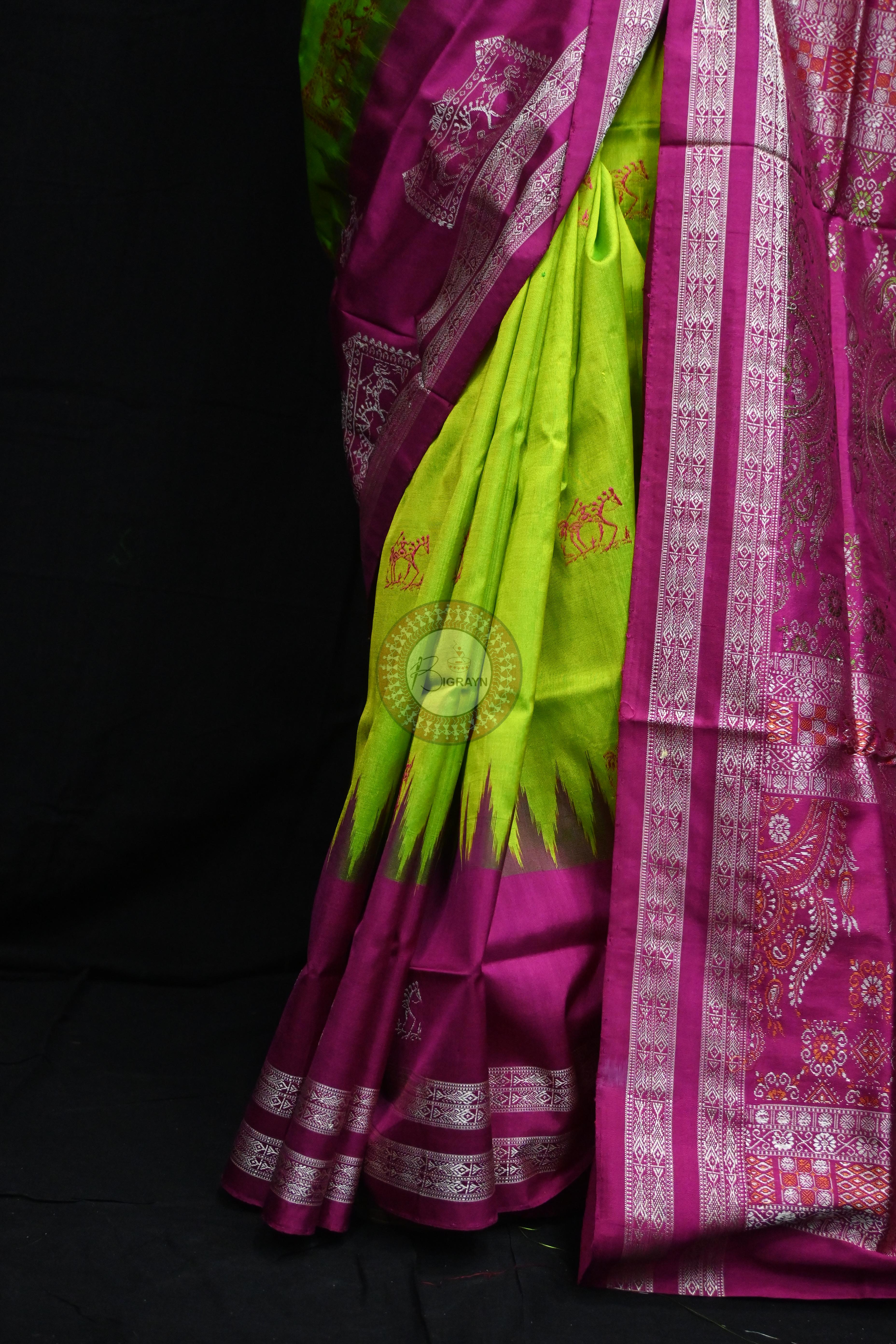 Neon Magenta Tribal Teracotta Bomkai Silk Saree