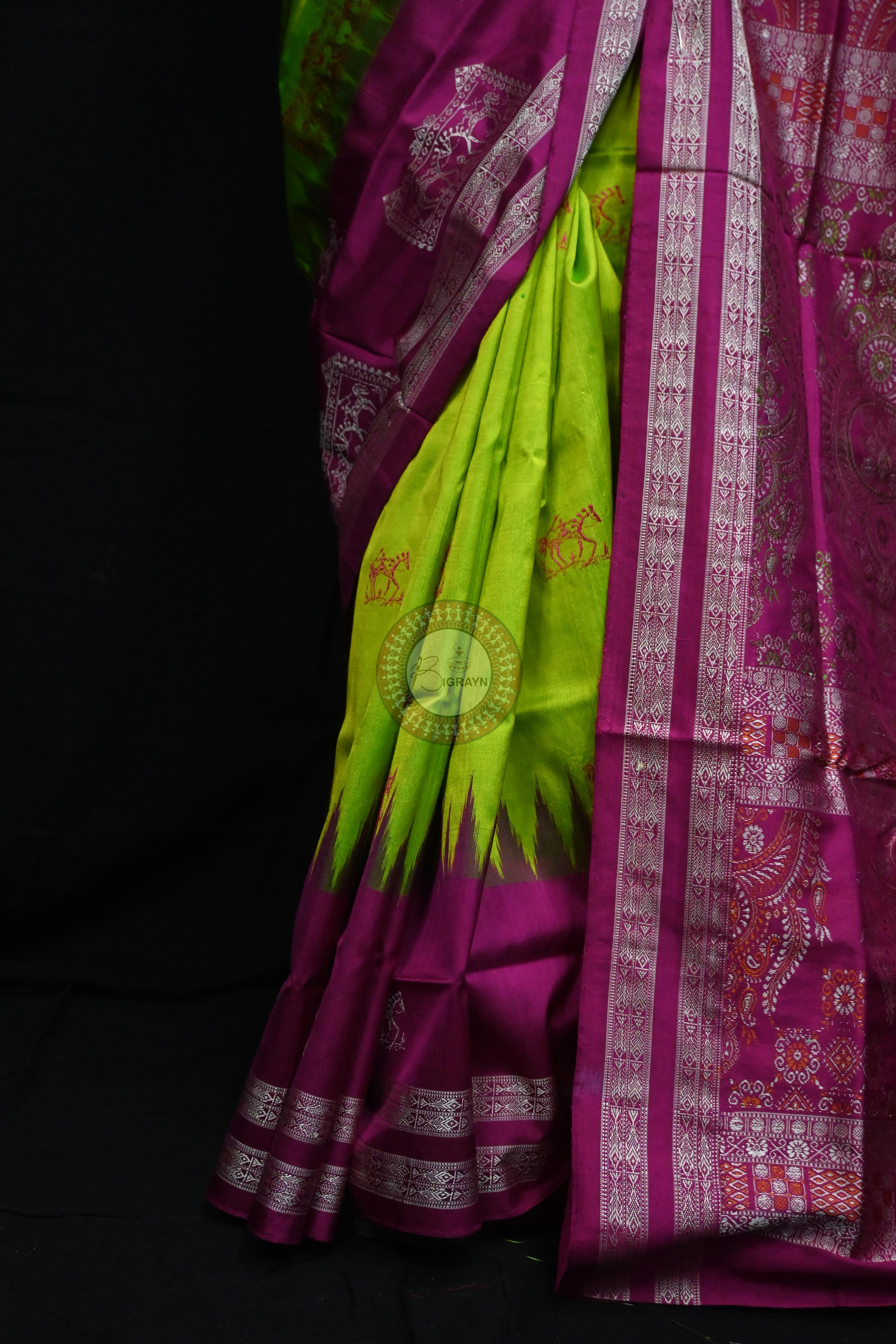 Neon Magenta Tribal Teracotta Bomkai Silk Saree