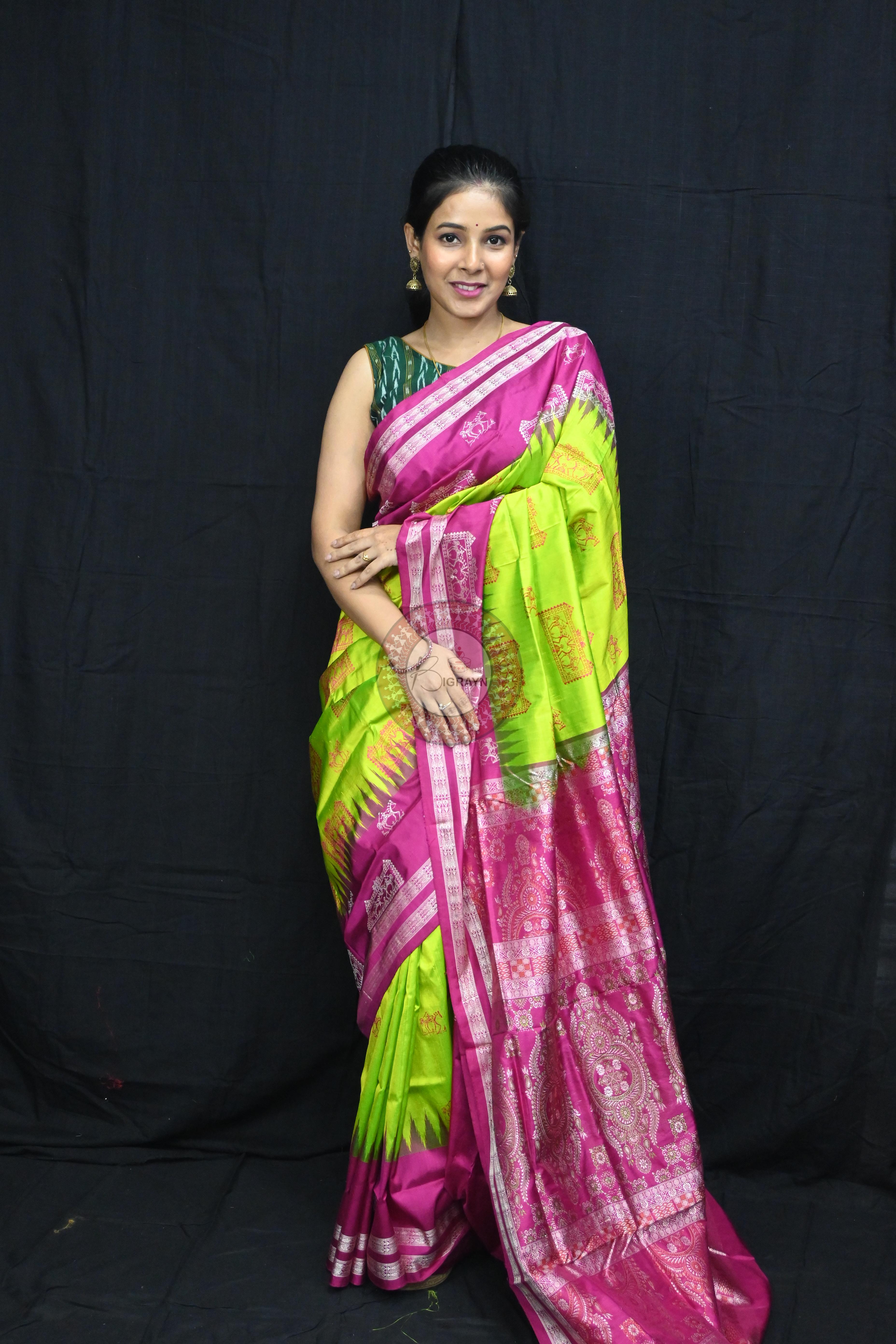 Neon Magenta Tribal Teracotta Bomkai Silk Saree
