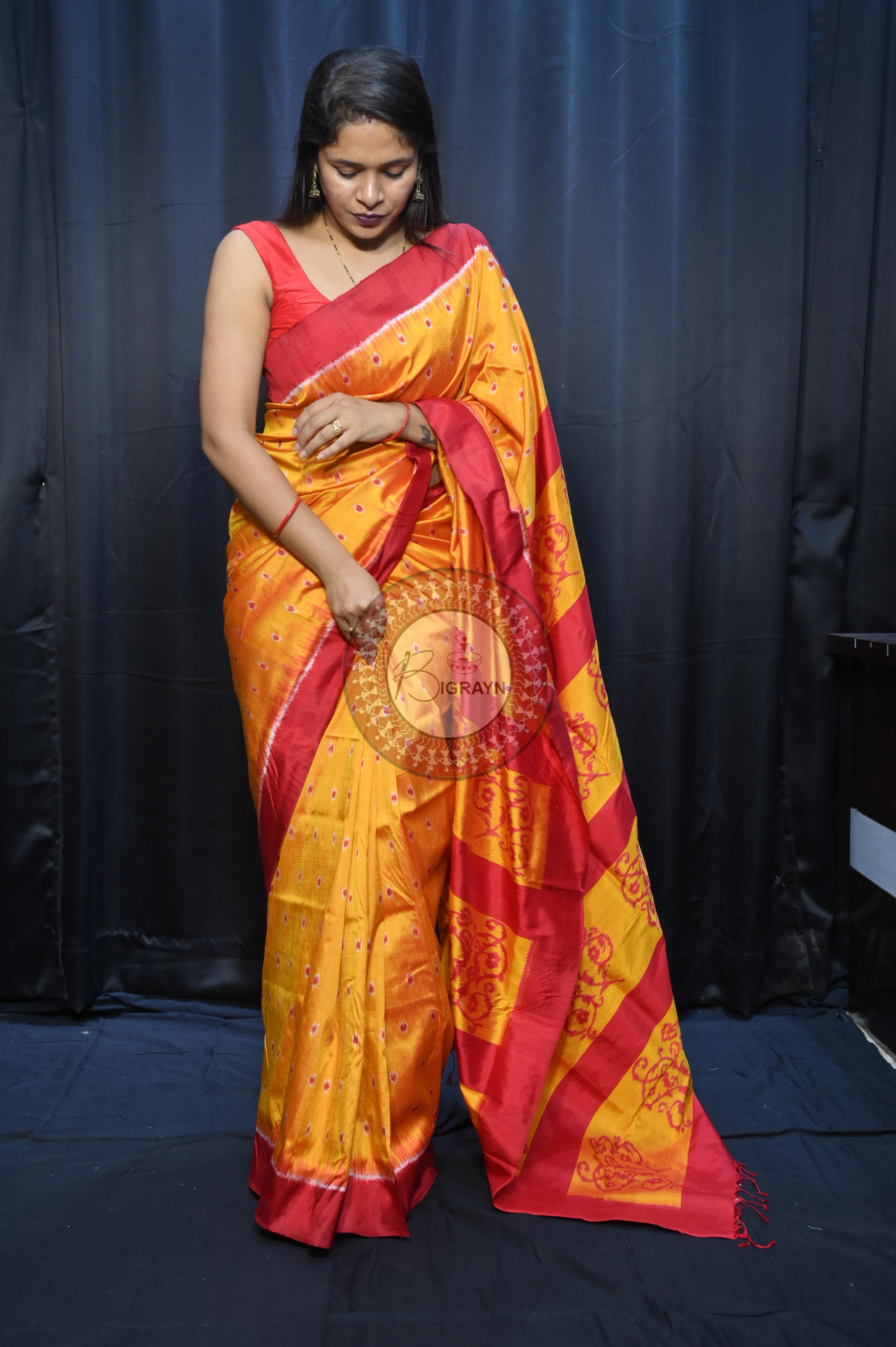 Yellow Maroon Dots Design Mulberry Silk Saree