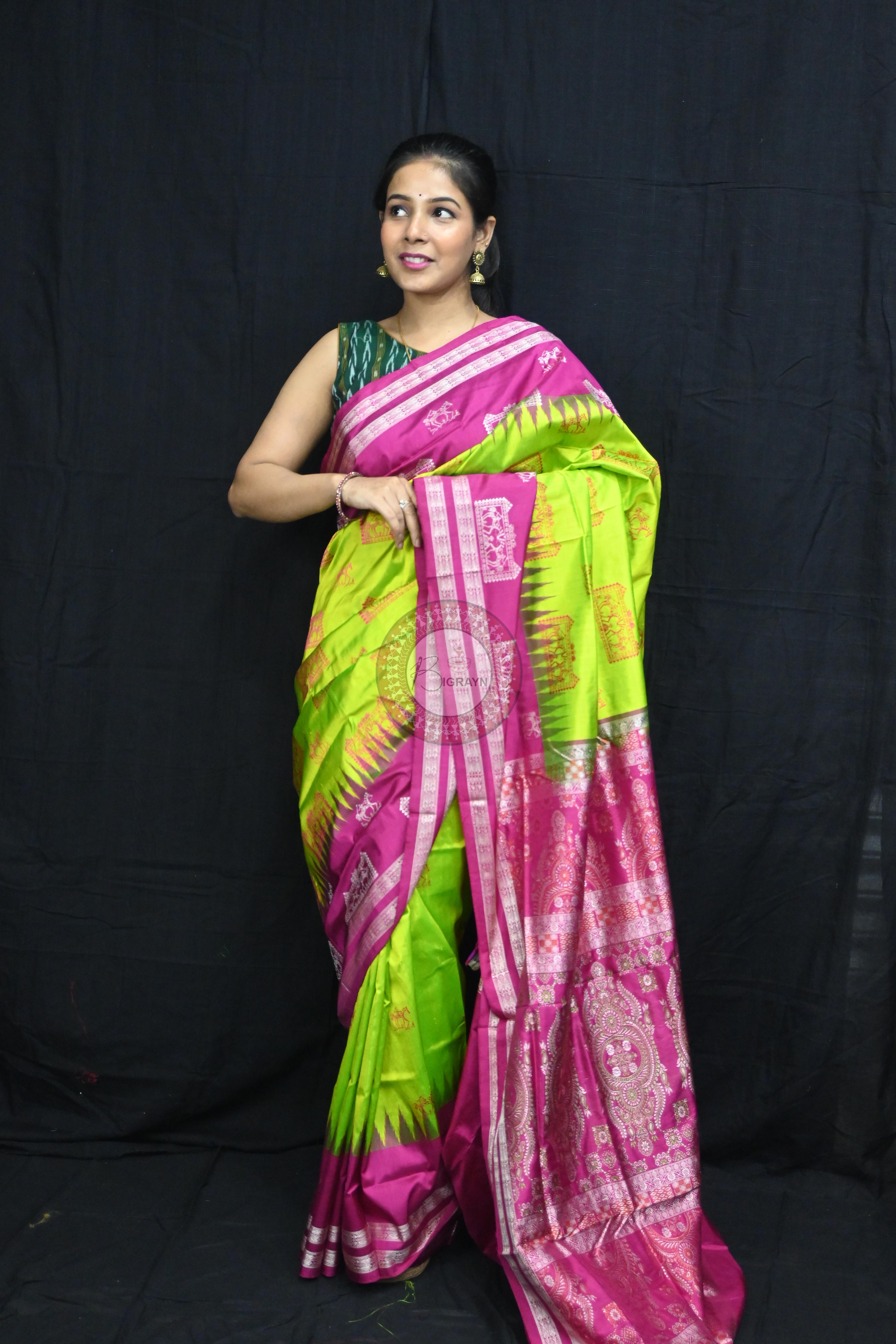 Neon Magenta Tribal Teracotta Bomkai Silk Saree