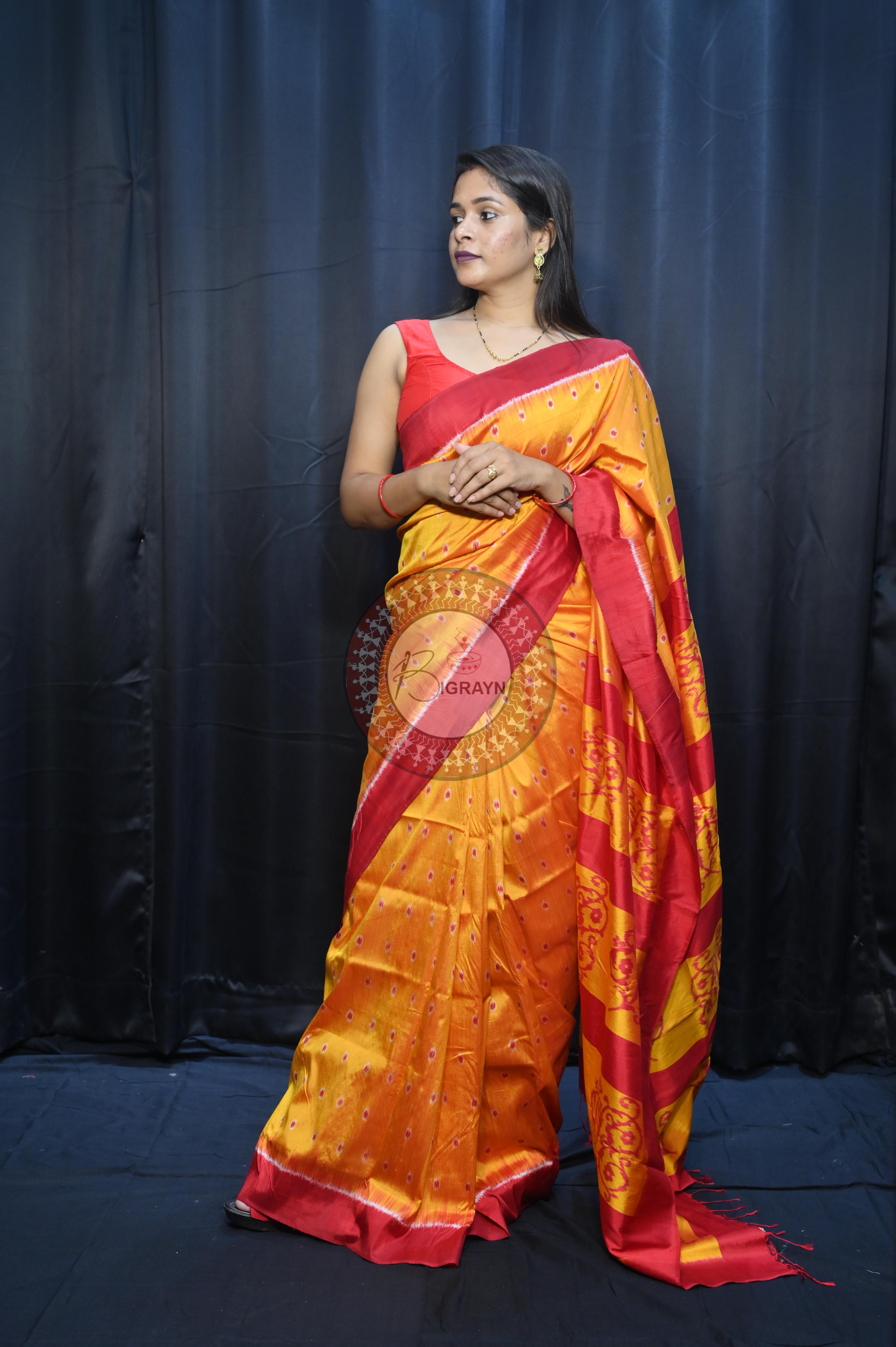 Yellow Maroon Dots Design Mulberry Silk Saree