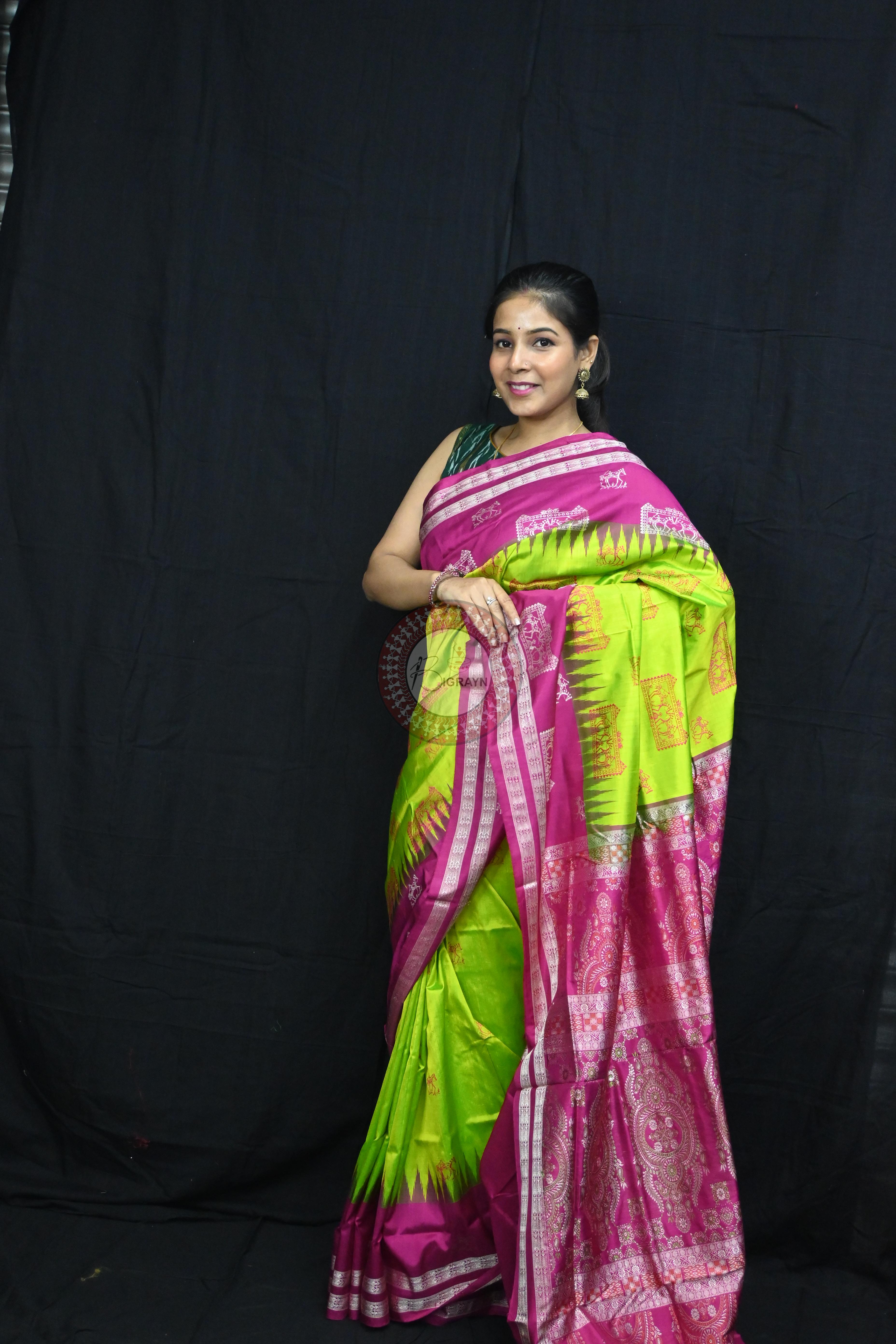 Neon Magenta Tribal Teracotta Bomkai Silk Saree