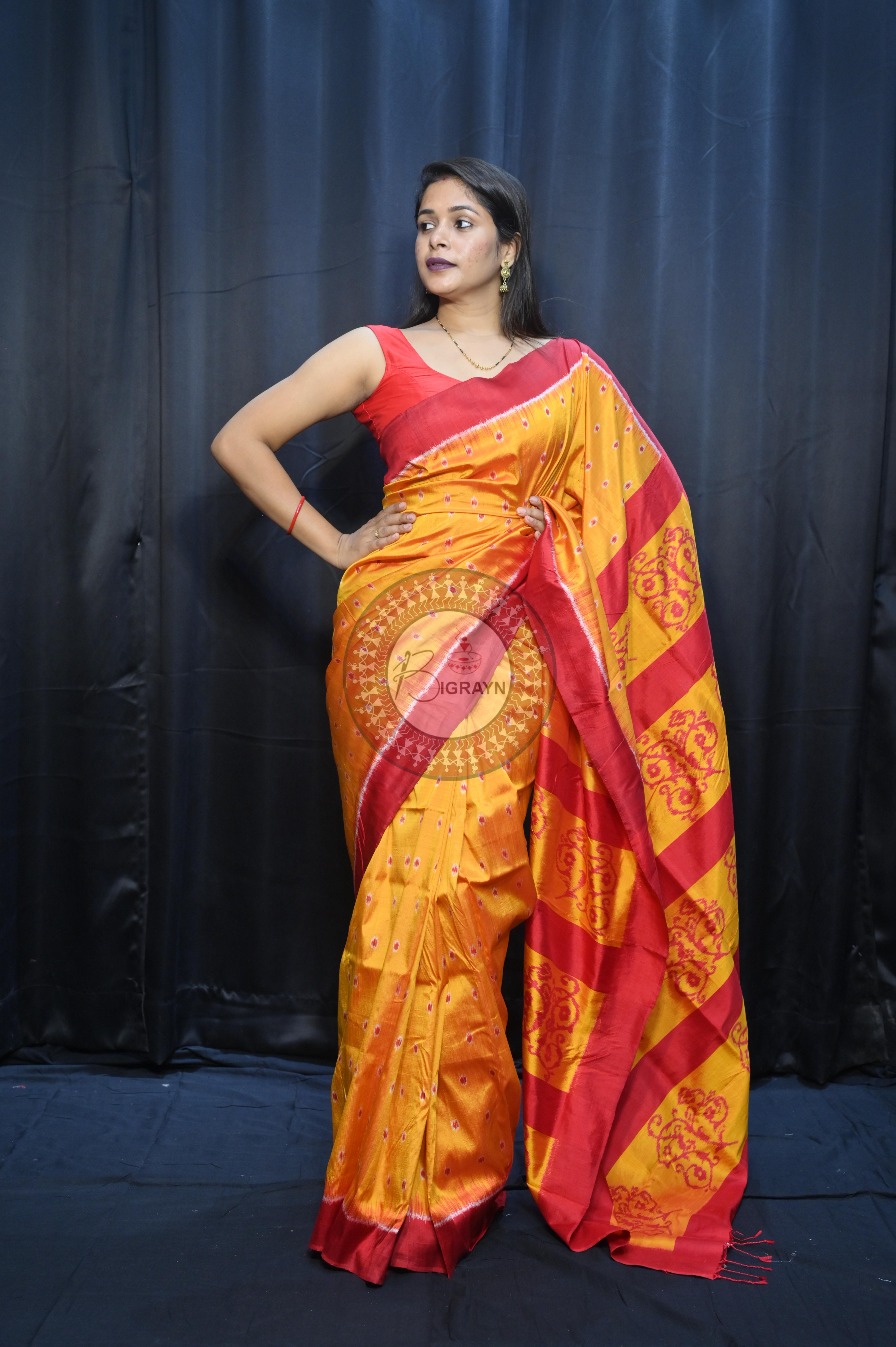 Yellow Maroon Dots Design Mulberry Silk Saree