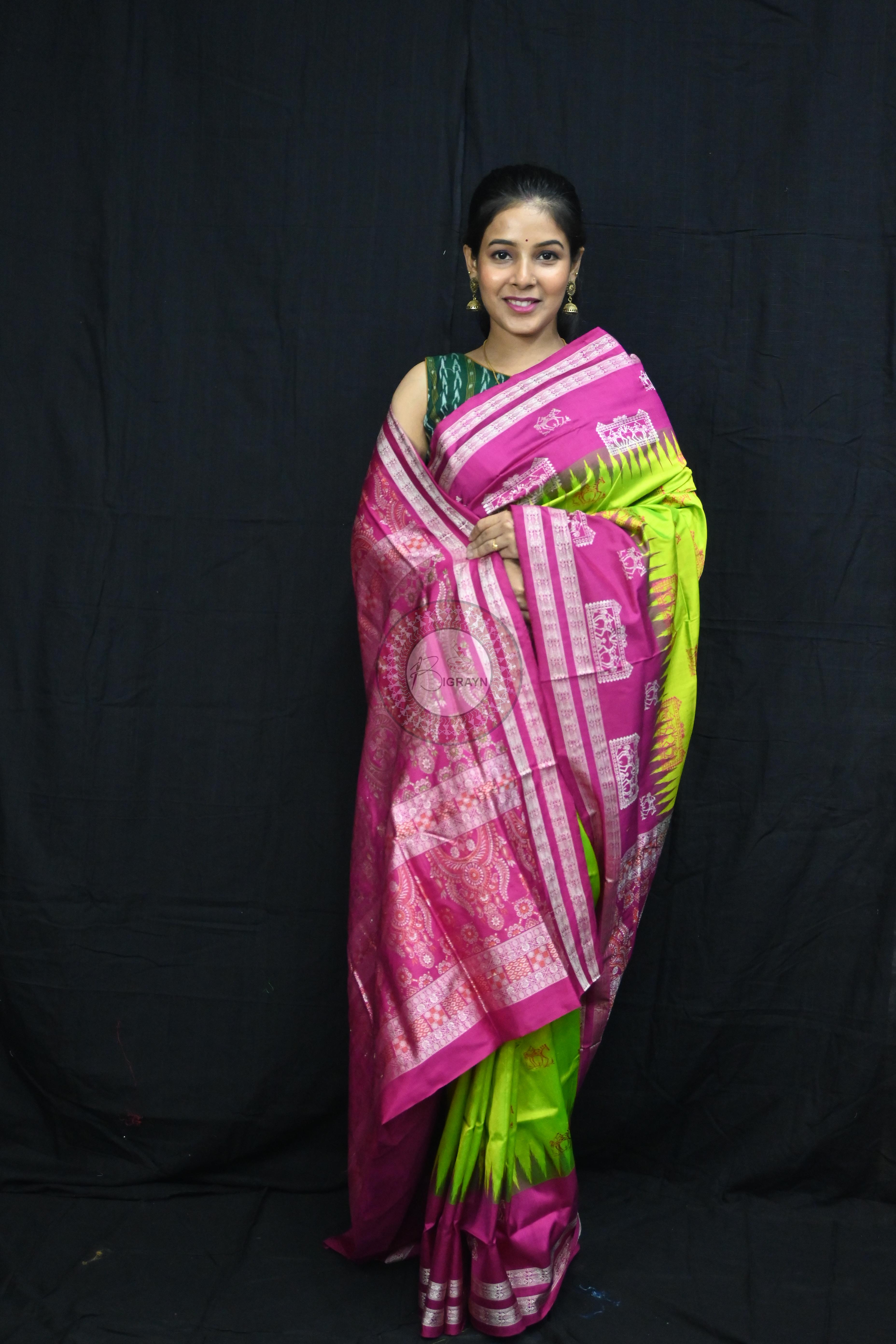 Neon Magenta Tribal Teracotta Bomkai Silk Saree