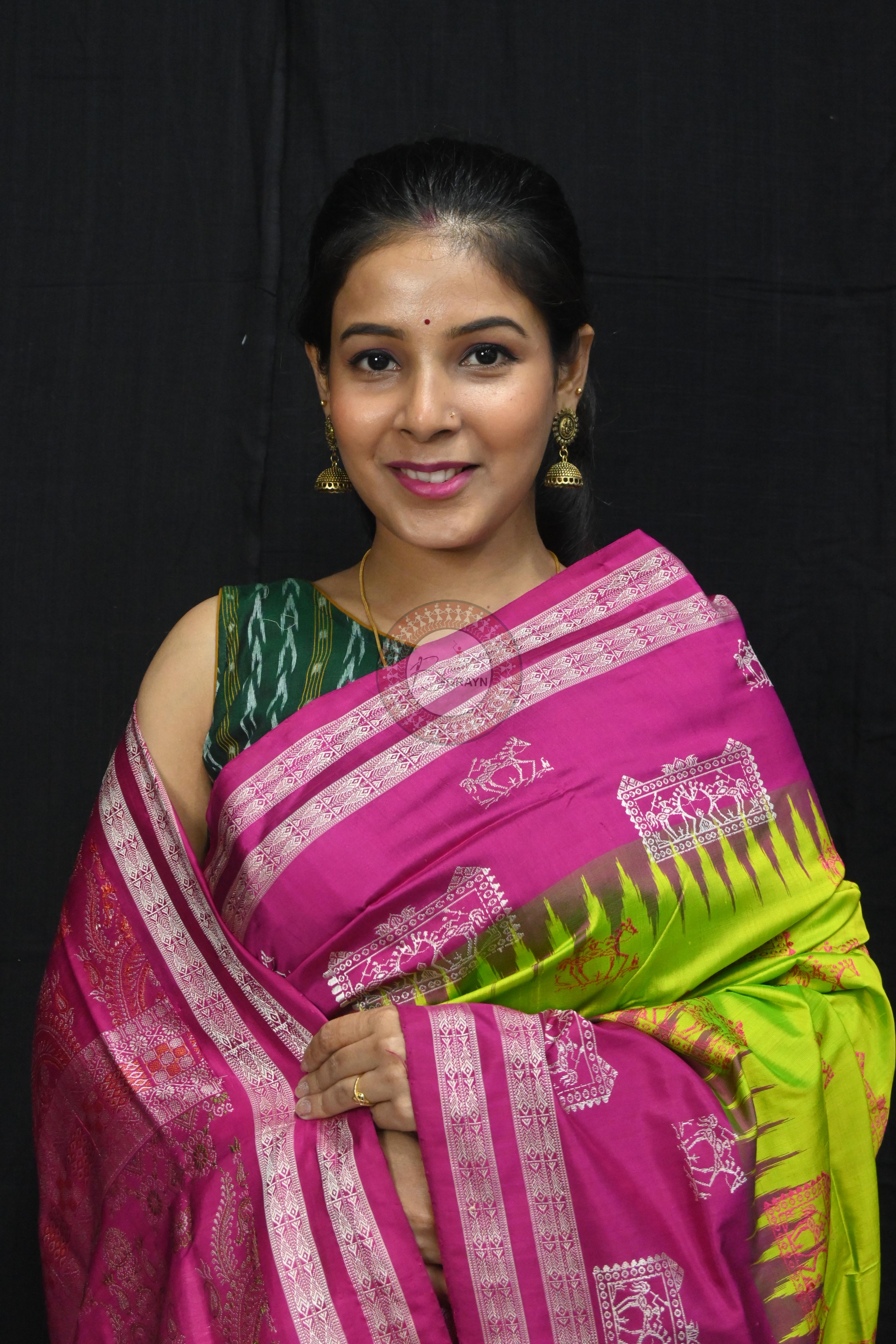 Neon Magenta Tribal Teracotta Bomkai Silk Saree