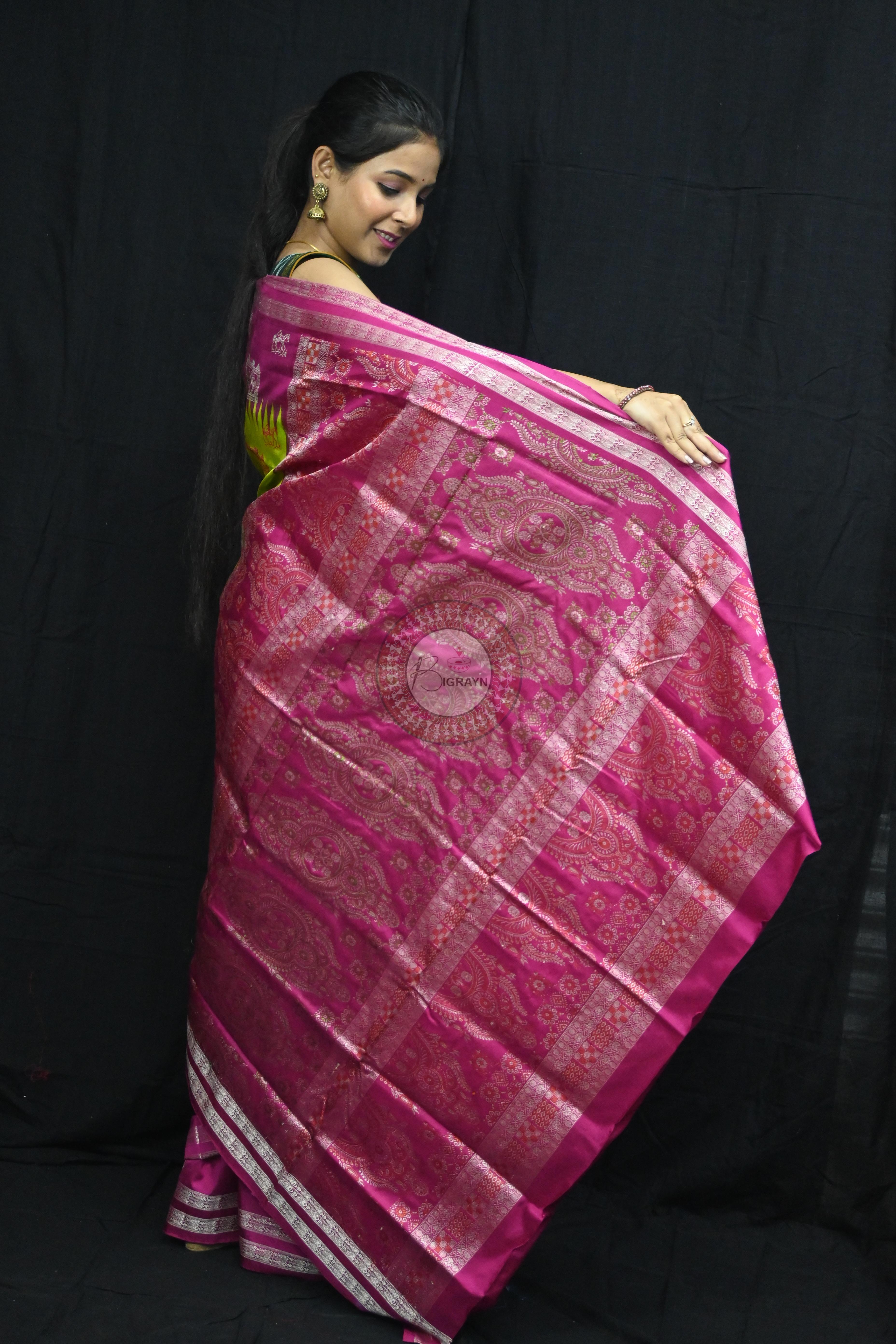 Neon Magenta Tribal Teracotta Bomkai Silk Saree