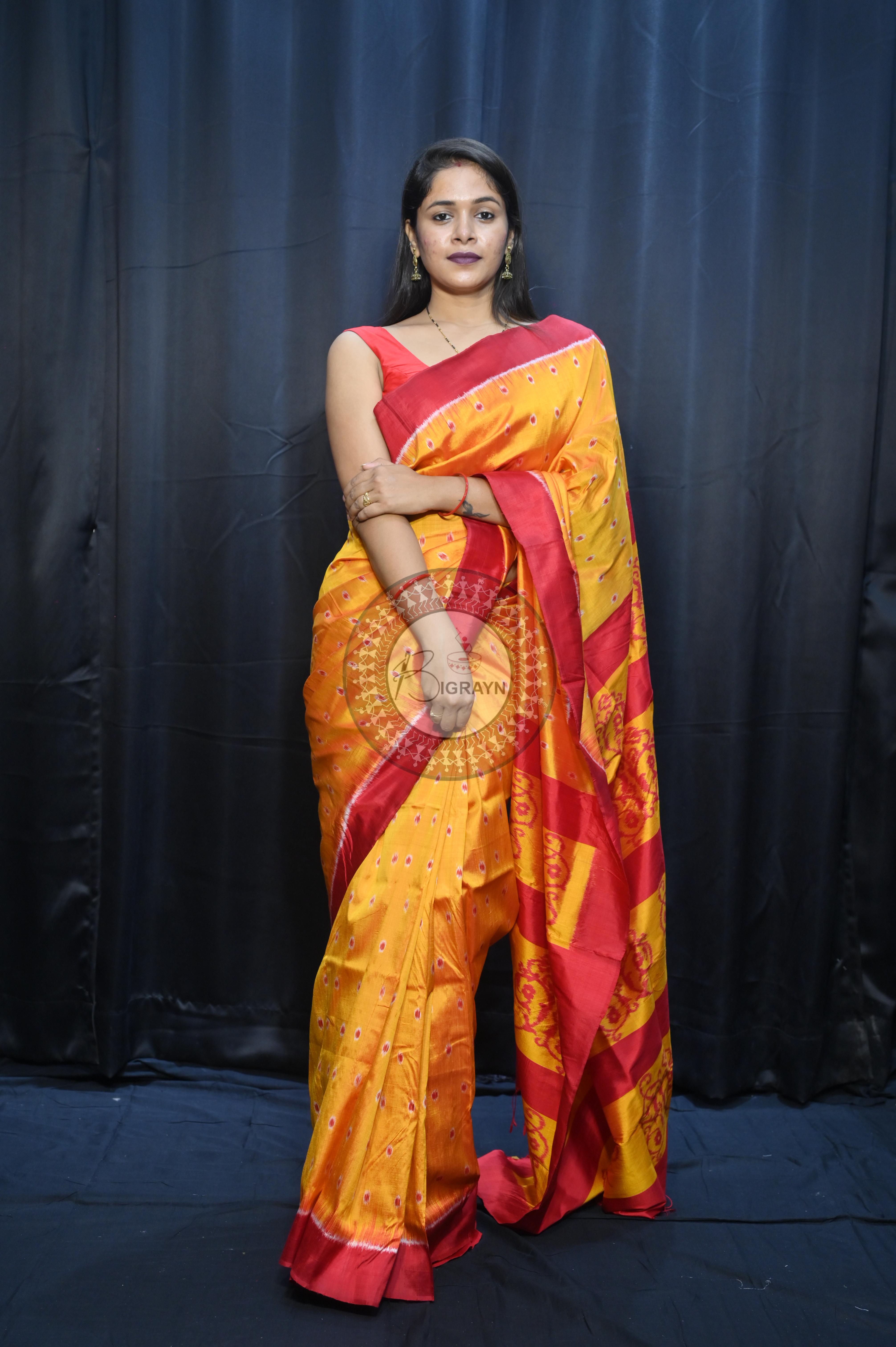 Yellow Maroon Dots Design Mulberry Silk Saree