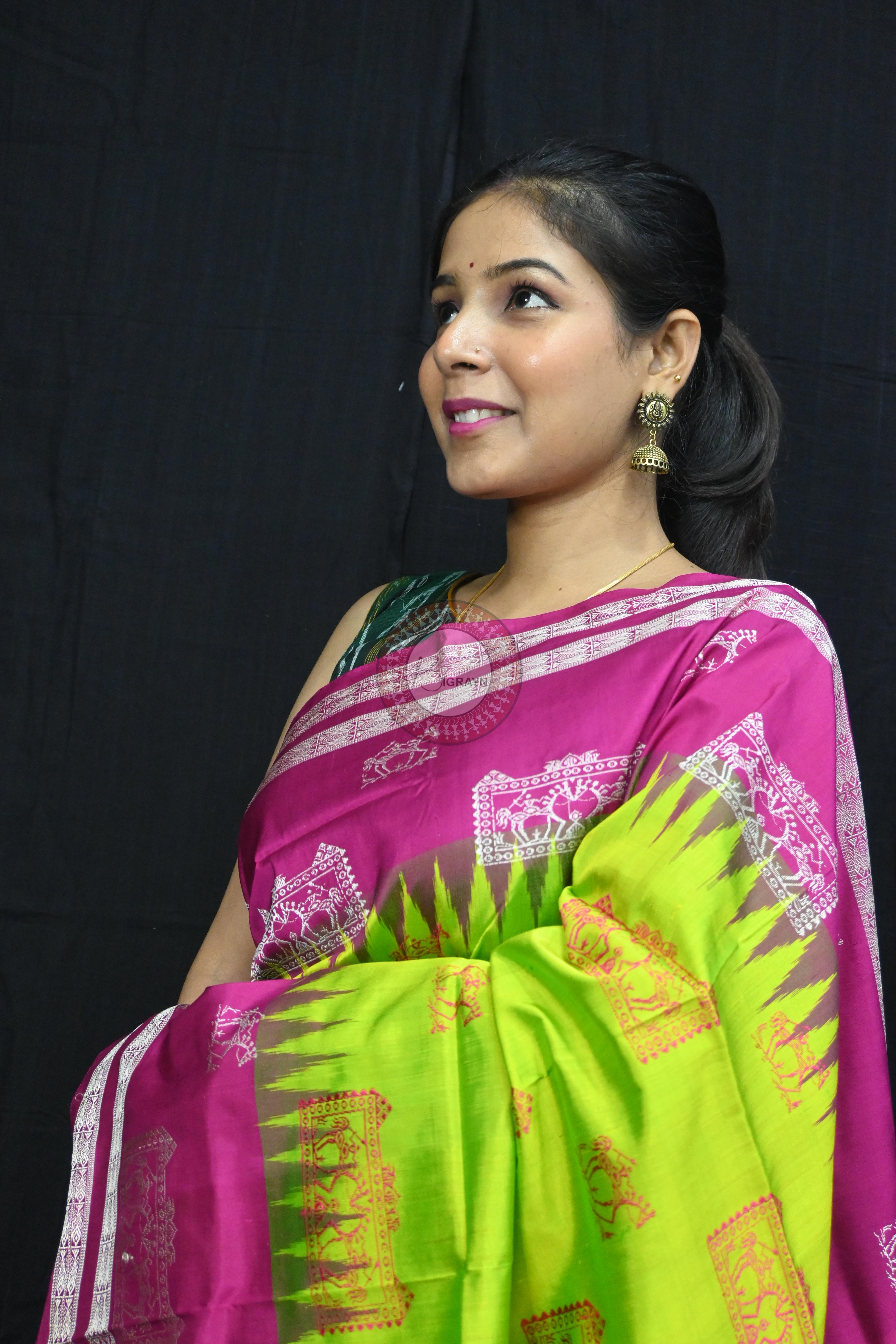 Neon Magenta Tribal Teracotta Bomkai Silk Saree