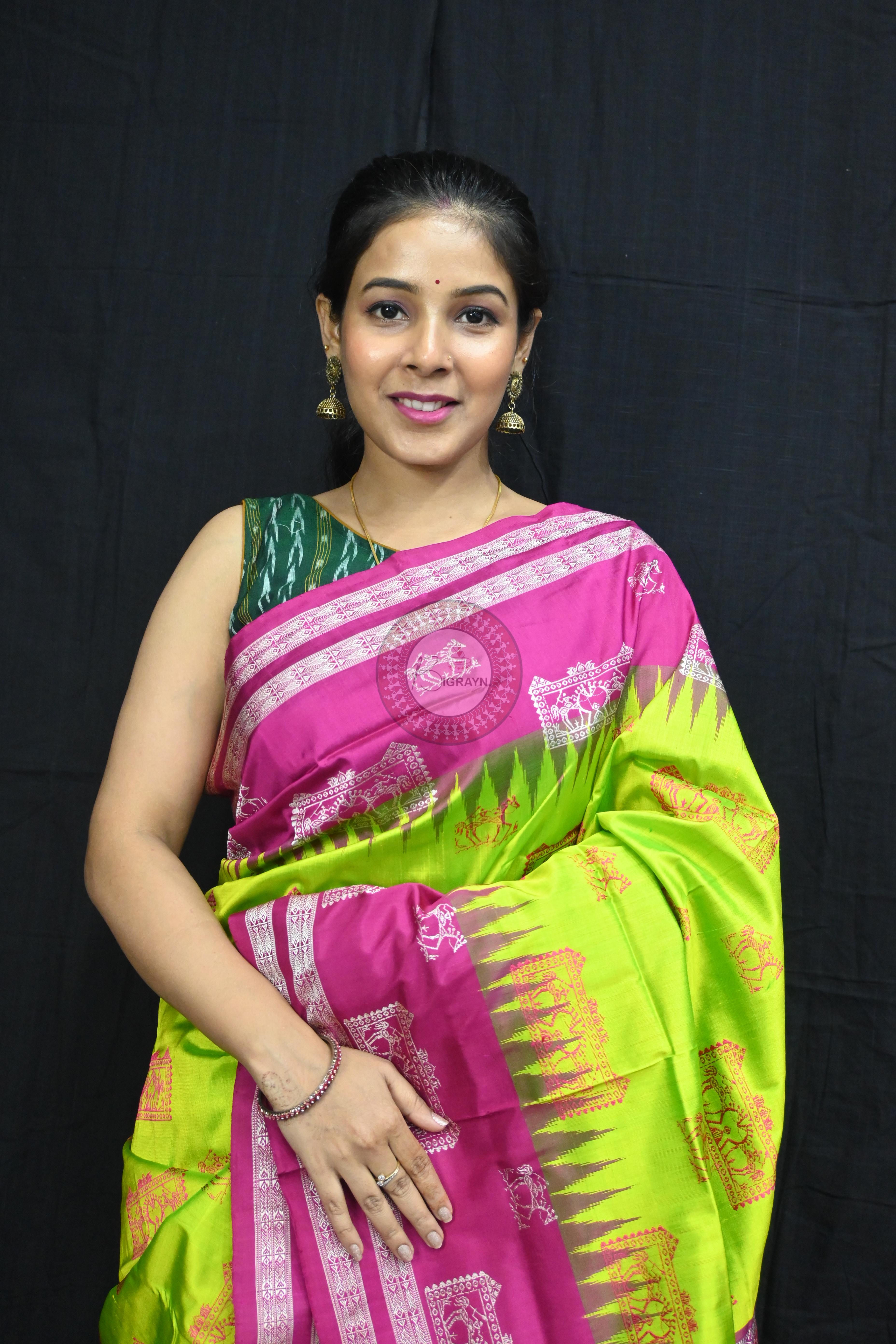 Neon Magenta Tribal Teracotta Bomkai Silk Saree