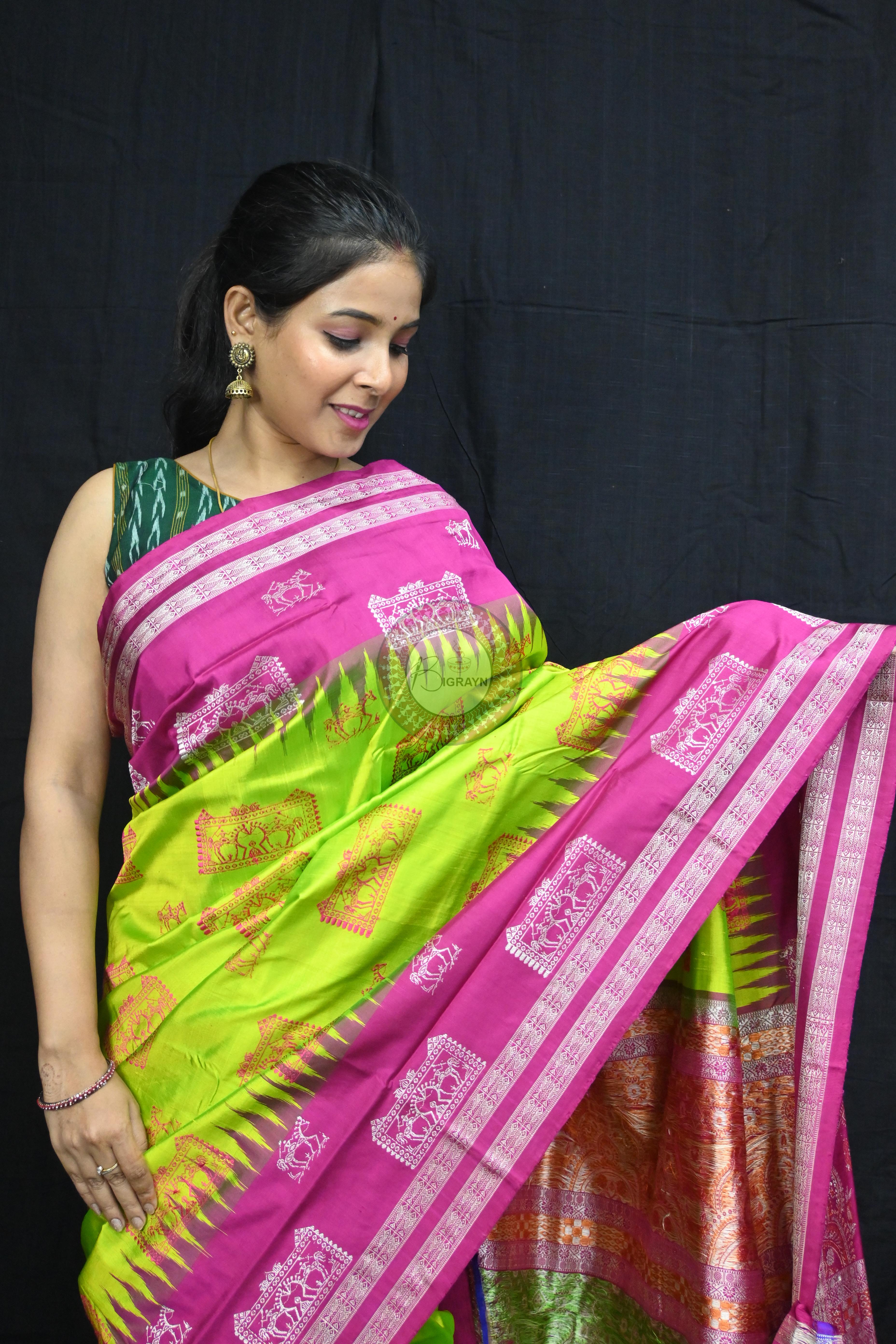 Neon Magenta Tribal Teracotta Bomkai Silk Saree
